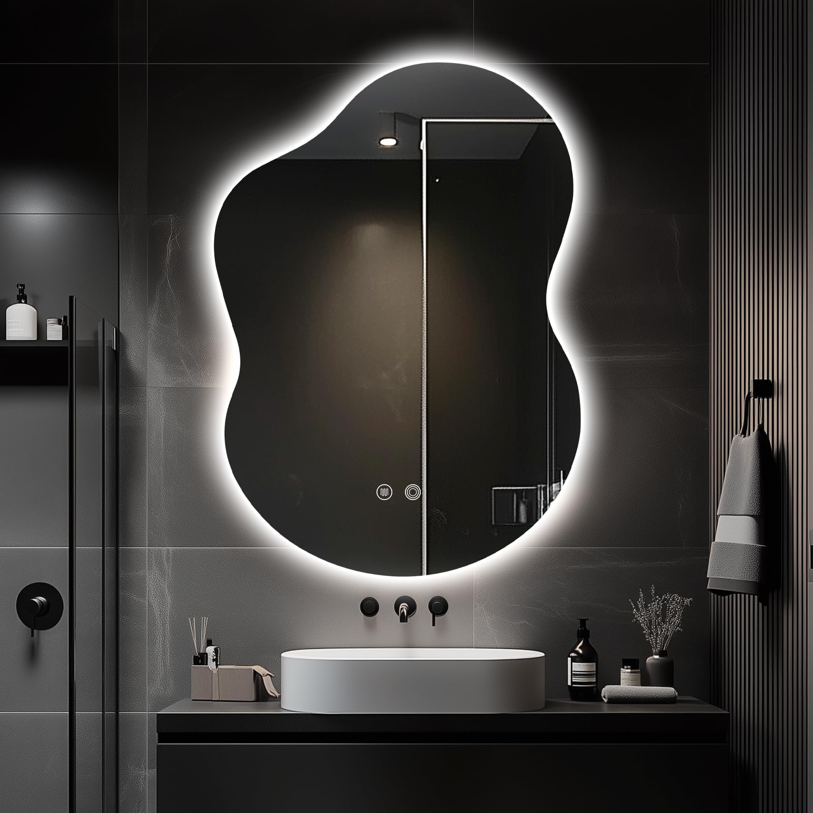 Photo 1 of ** SOLD AS IS NO REFUND/RETURN** SEE COMMENTS 39F USA 35"x25" Asymmetrical LED Vanity Mirror for Bathroom with Front & Backlit, Anti-Fog, 3 Light Colors, Dimmable, Wall-Mountable [Horizontal/Vertical]