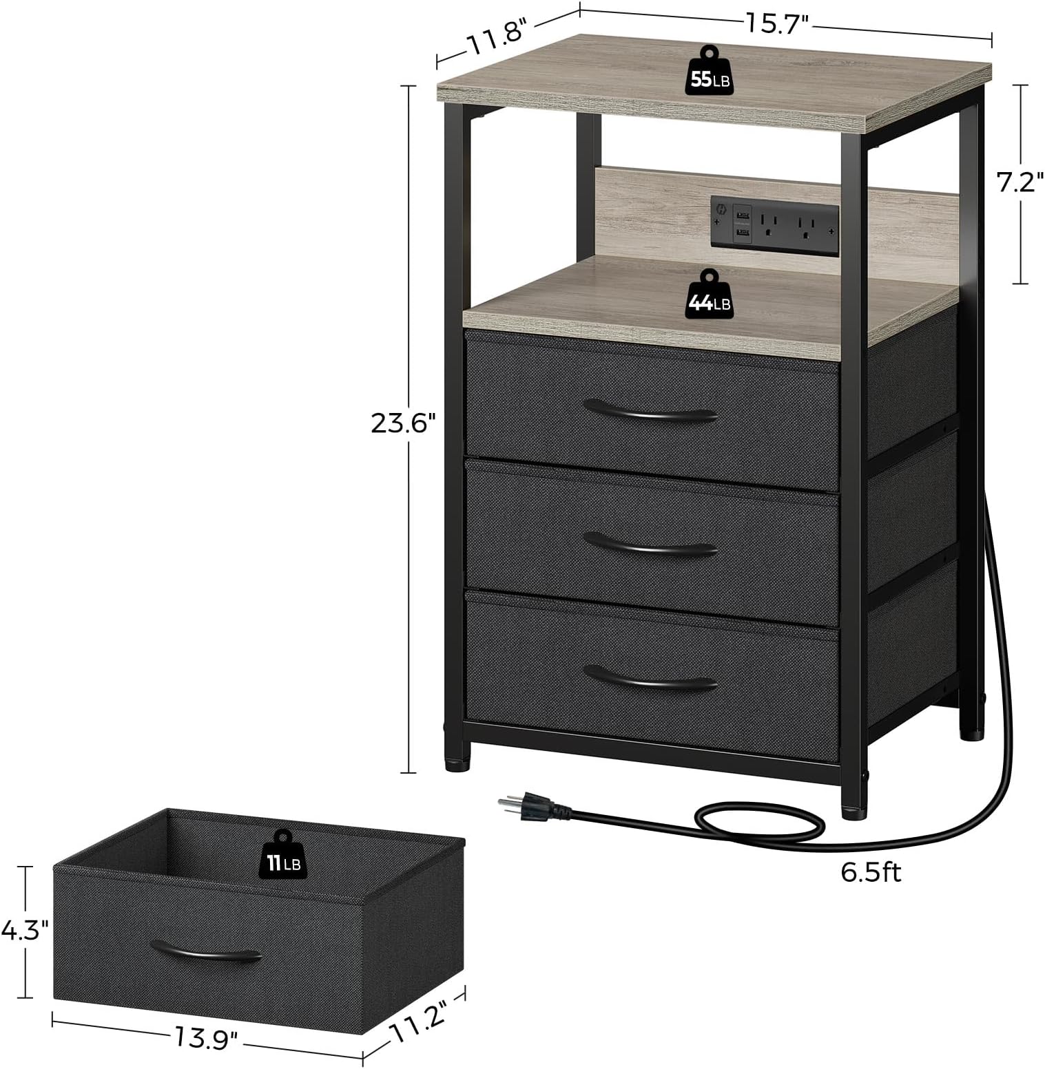 Seventable Nightstand with Charging Station and LED Light, Side Table with 3 Fabric Drawers, Bedside End Table with USB Ports and Outlets, Night Stand for Bedroom, Greige