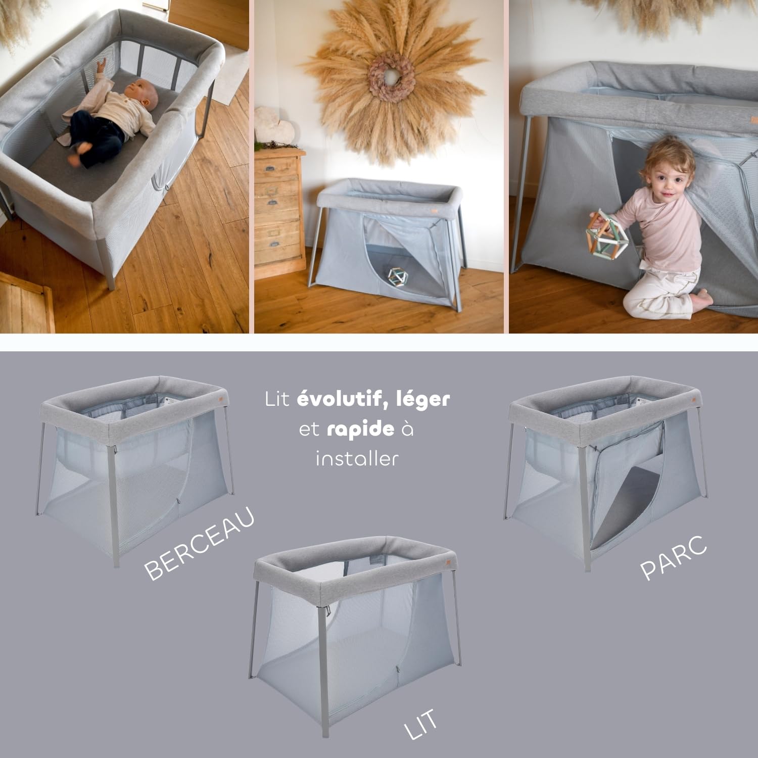 BÉABA, Lit parapluie 3 en 1, Berceau Bébé, Lit d'appoint, Parc, Evolutif, Léger - 6.8Kg, Pliable, Compact, Sac Transport et Matelas inclus, Tissu Respirant et Oeko-Tex, Gris chiné/Galet