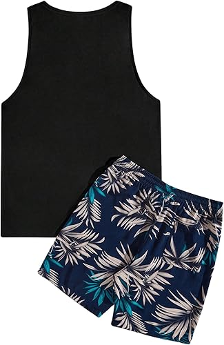 Miniatura 6 de GORGLITTER Conjunto de 2 piezas para hombre con estampado floral cintura elástica pantalones cortos sin mangas
