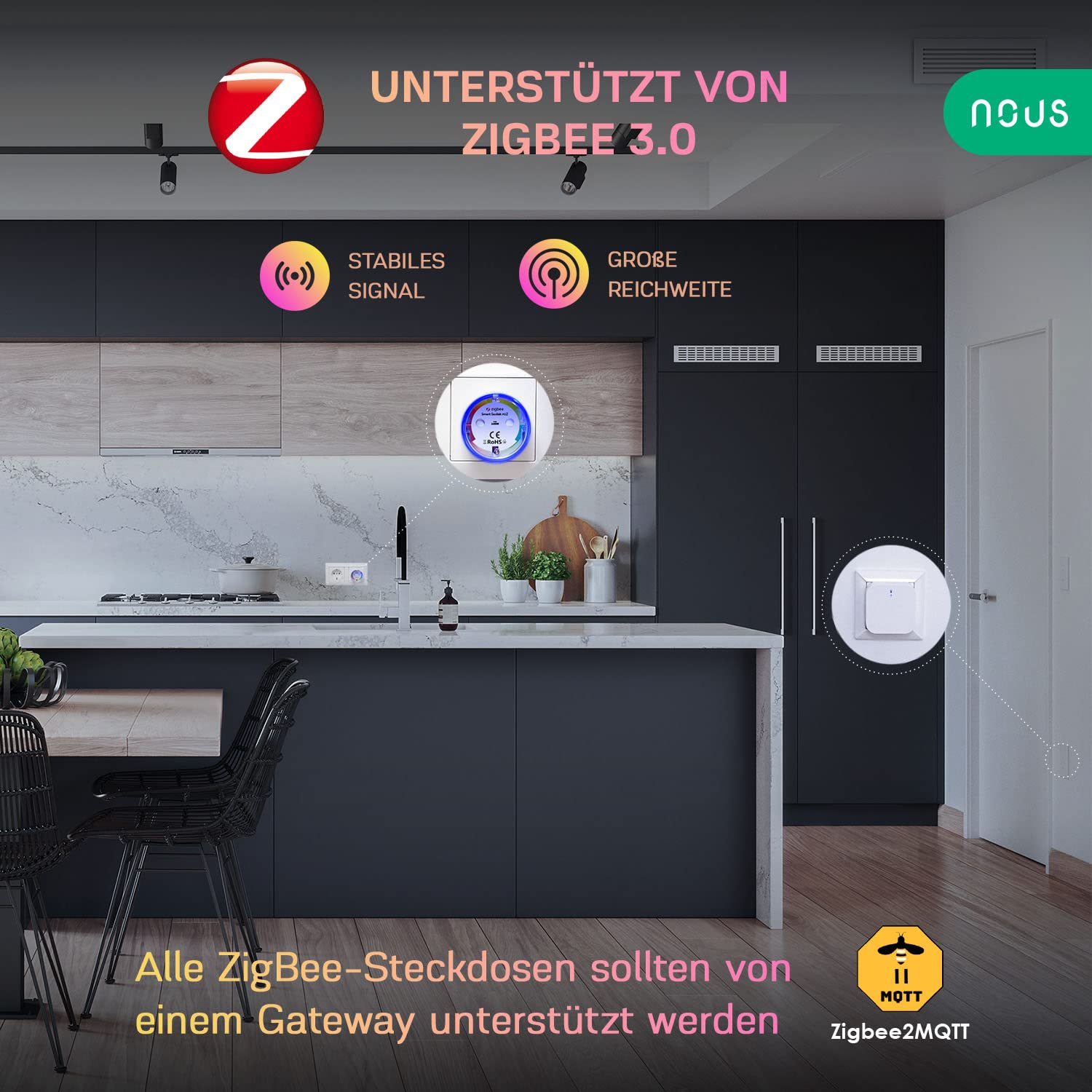 NOUS A1Z Zigbee Steckdose, Smart home Steckdose, Smart Steckdose Stromverbrauch, Smarte Steckdose mit Verbrauchsmessung, Alexa Zubehör Smart Home Geräte, Google Home, Smart Life, Zigbee2MQTT, 16A
