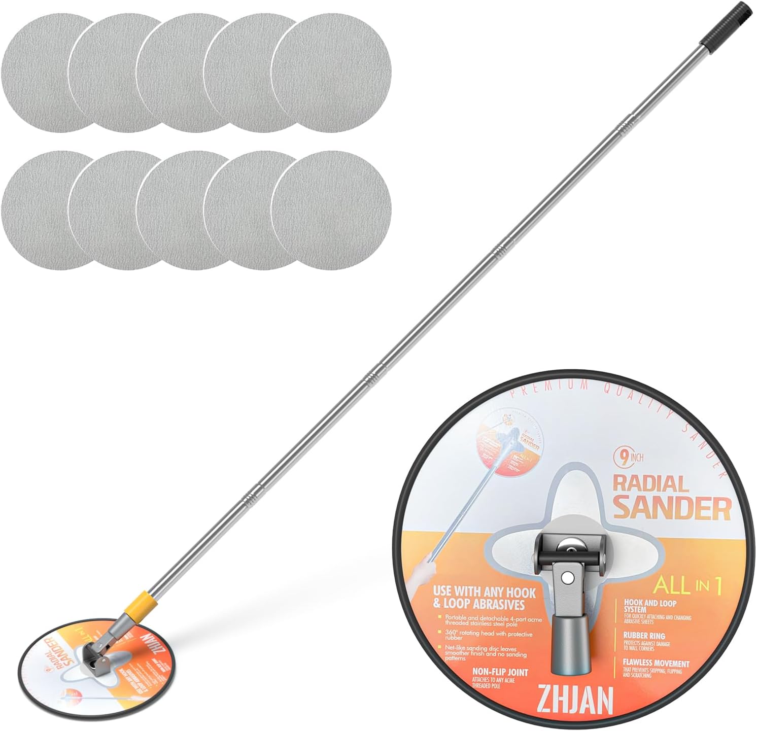Pole Sander for Drywall,360° Rotation Radial Round Head Sander with Extension Pole & 10 PCS Sanding Sheets (80/100/120/180/240 Grit), Wall Sanding Tool for Painted Walls