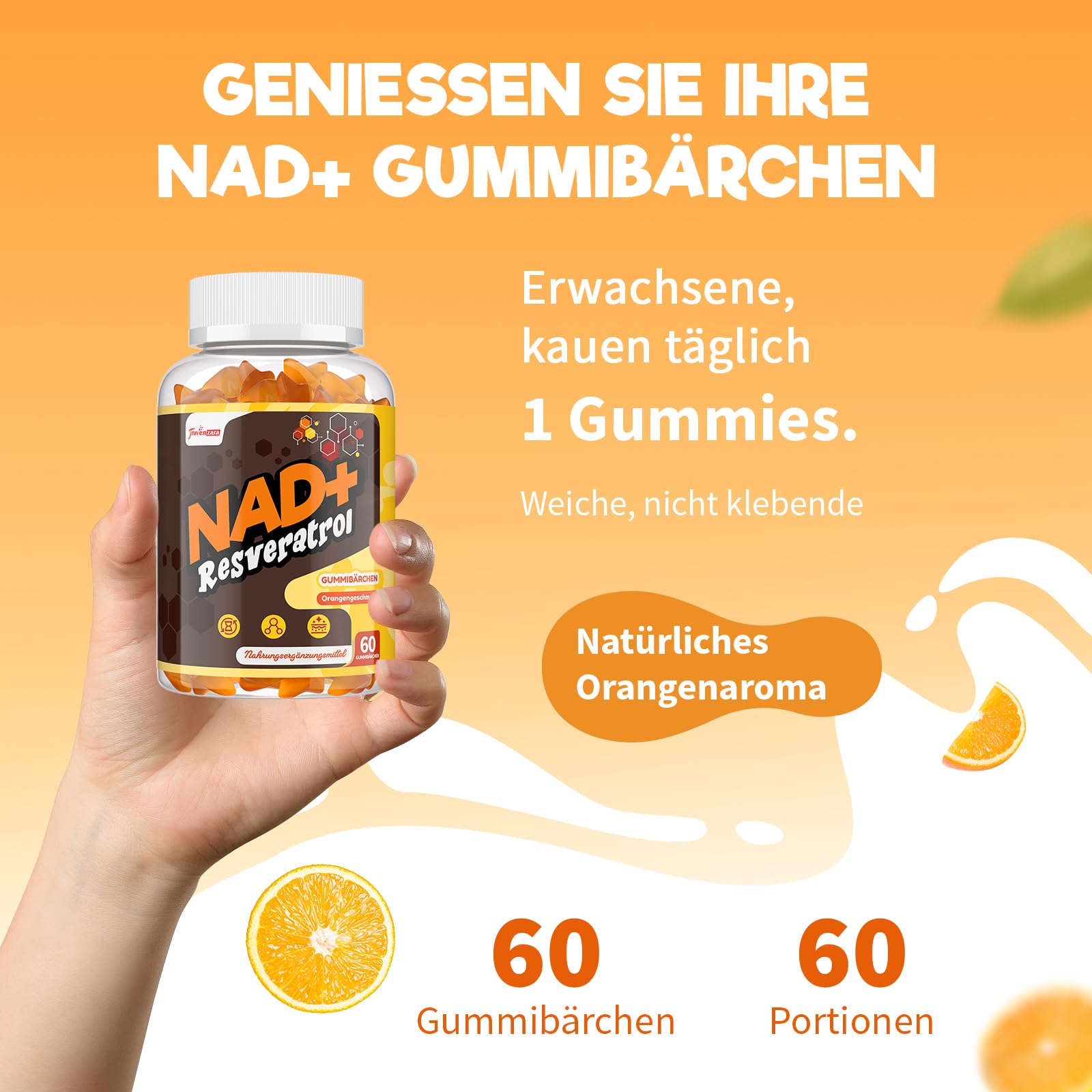 Gommes NAD+ 1310 mg avec Resvératrol, TMG, Collagène Marin Hydrolysé et Extrait de Poivre Noir, Complément NAD+, Saveur Orange (60 Unité (Lot de 2))