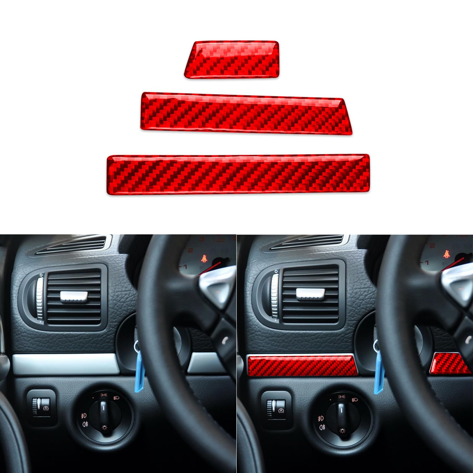 PJFUS 3pcs Real Red Carbon Fiber Car Driver Position Ignition Keyhole Side Decorative Strip Soft Sticker Auto Interior Accessories Compatible with Porsche Cayenne S/GTS/Turbo 2003-2010