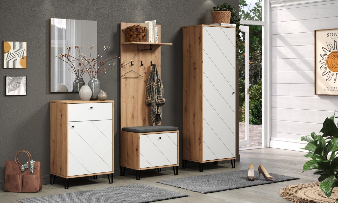 trendteam smart living - Touch - Garderobenschrank - Eiche/Weiß - Kleiderschrank mit ausziehbarer Kleiderstange - Soft-Close - Elegante Metallfüße - (BxHxT) 63 x 194 x 40 cm - Moderne Rautenfräsung