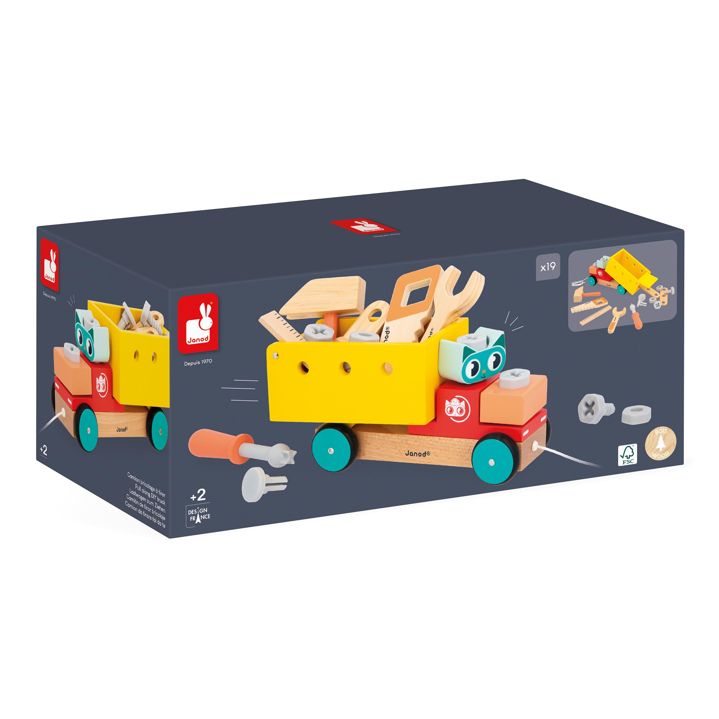 Janod - Mon Premier Jeu de Construction - Camion de Bricolage à Tirer - 23 Accessoires - Imitation - Motricité Fine & Créativité - 24 Mois + - J06451