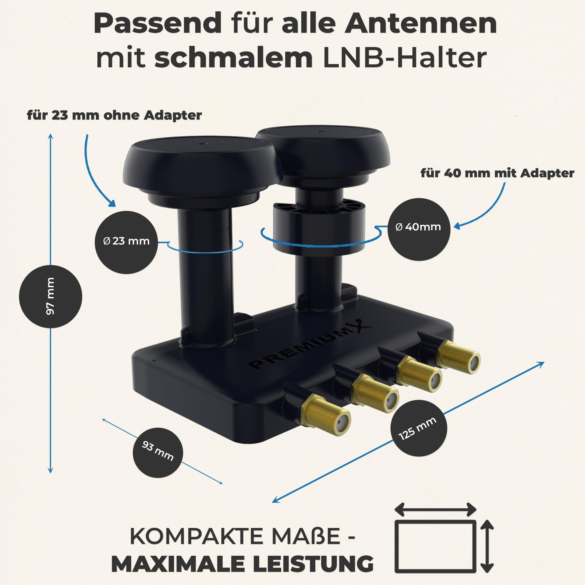 Premium X Quad LNB monobloc - 4 voies - pour 4 participants - 4K Full HD - Avec protection contre les intempéries pour antenne satellite Astra 19,2° Hotbird 13° - Récepteur TV numérique - Noir