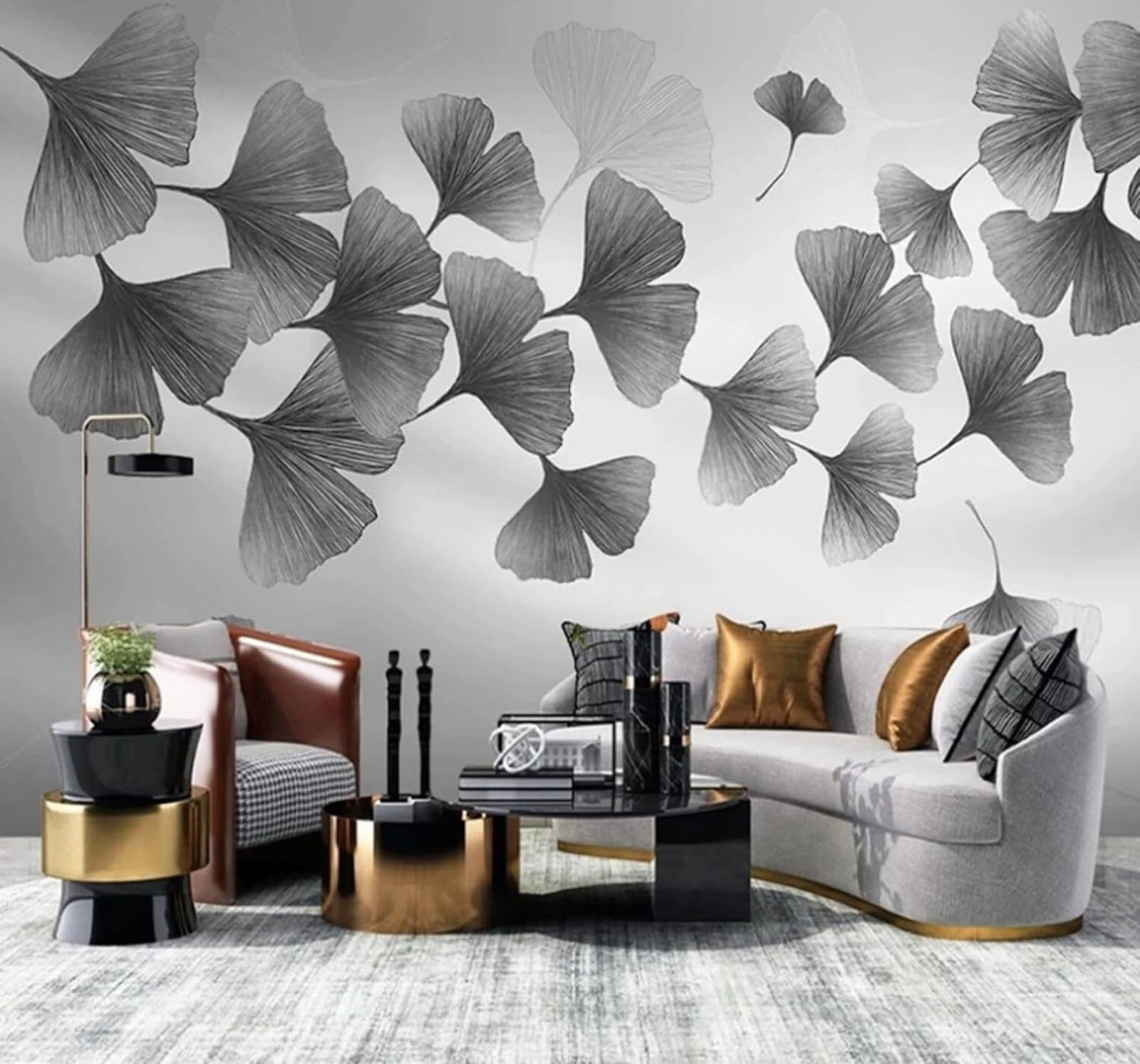 XLMING Minimalist Hand Drawn Black and White Ginkgo Leaves Art 3D Wallpaper Luxury Silk Study Dining Feature Sofa Grey Bedroom Living Room Tv Decorative Wall-400cm×280cm