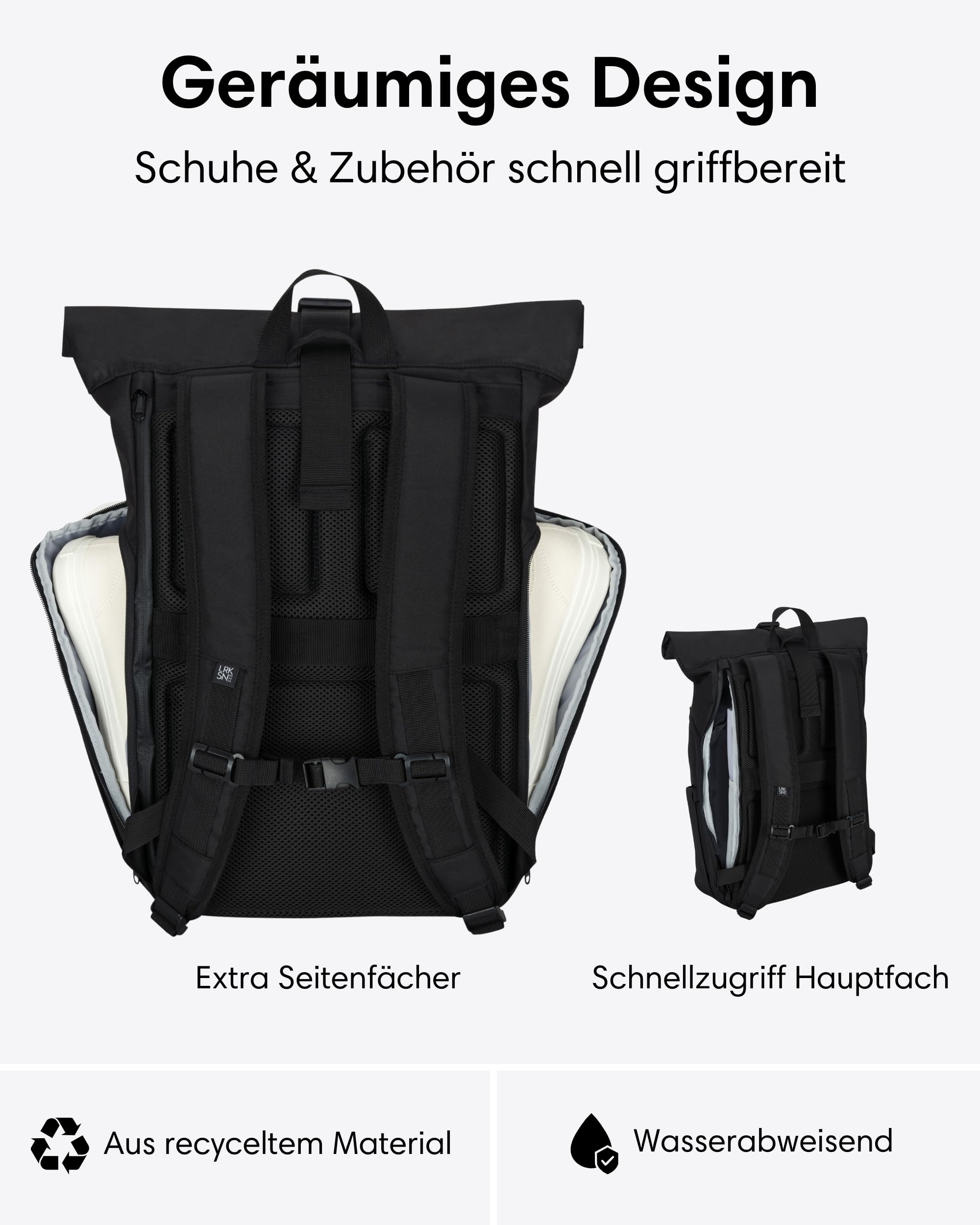 LARKSON Rucksack Damen & Herren Schwarz - No 4 Large - Rolltop Backpack 21 L mit 16 Zoll Laptopfach Uni, Arbeit & Fahrrad - Großer Reiserucksack mit Trolley Strap