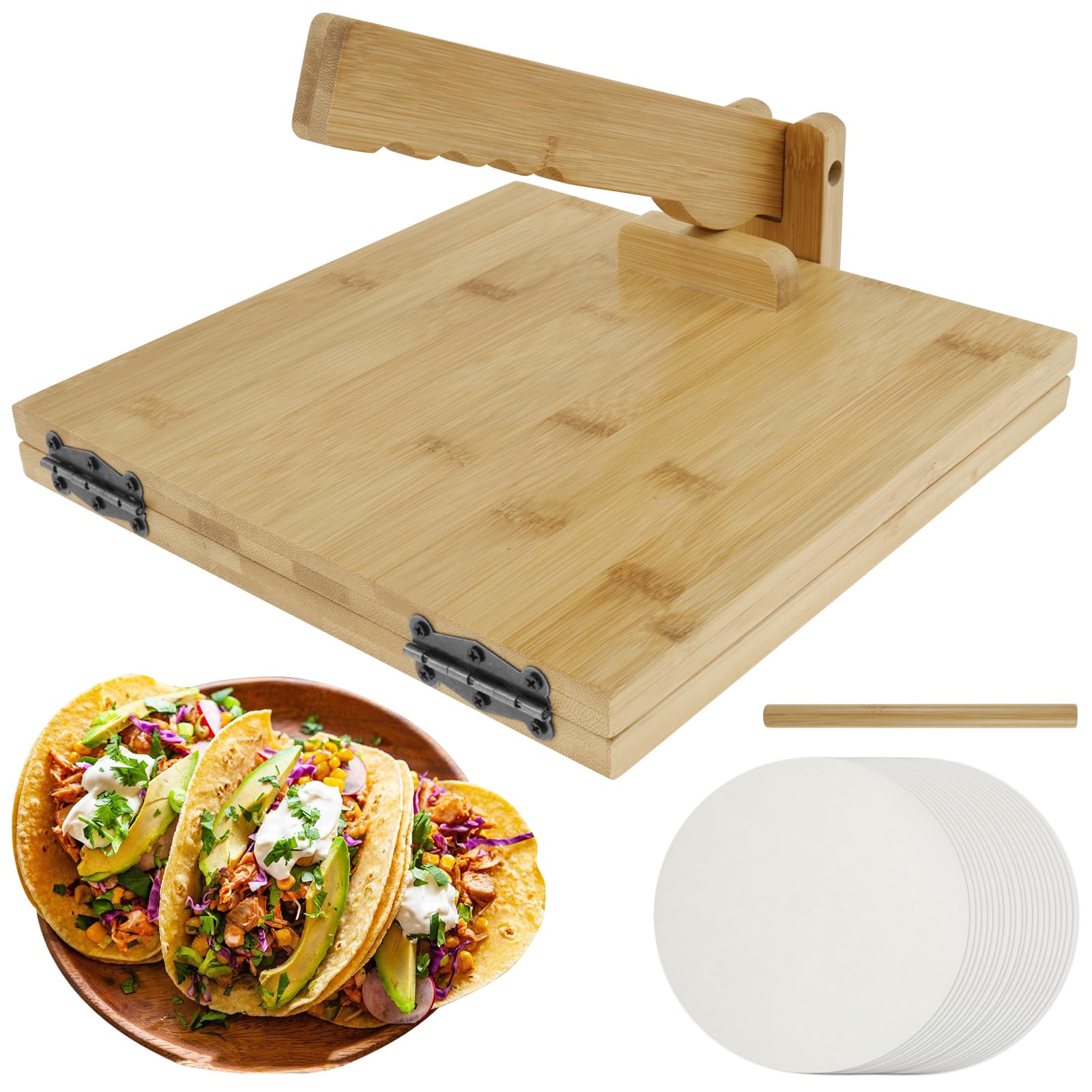 Bamboo Tortilla Press 10 Inch Manual Square Tortilla Maker with 1 Rolling Pin and 50 Oil-Proof Paper Rotatable Mexican Tortillera Dough Pressing Tool for Homemade Tortilla
