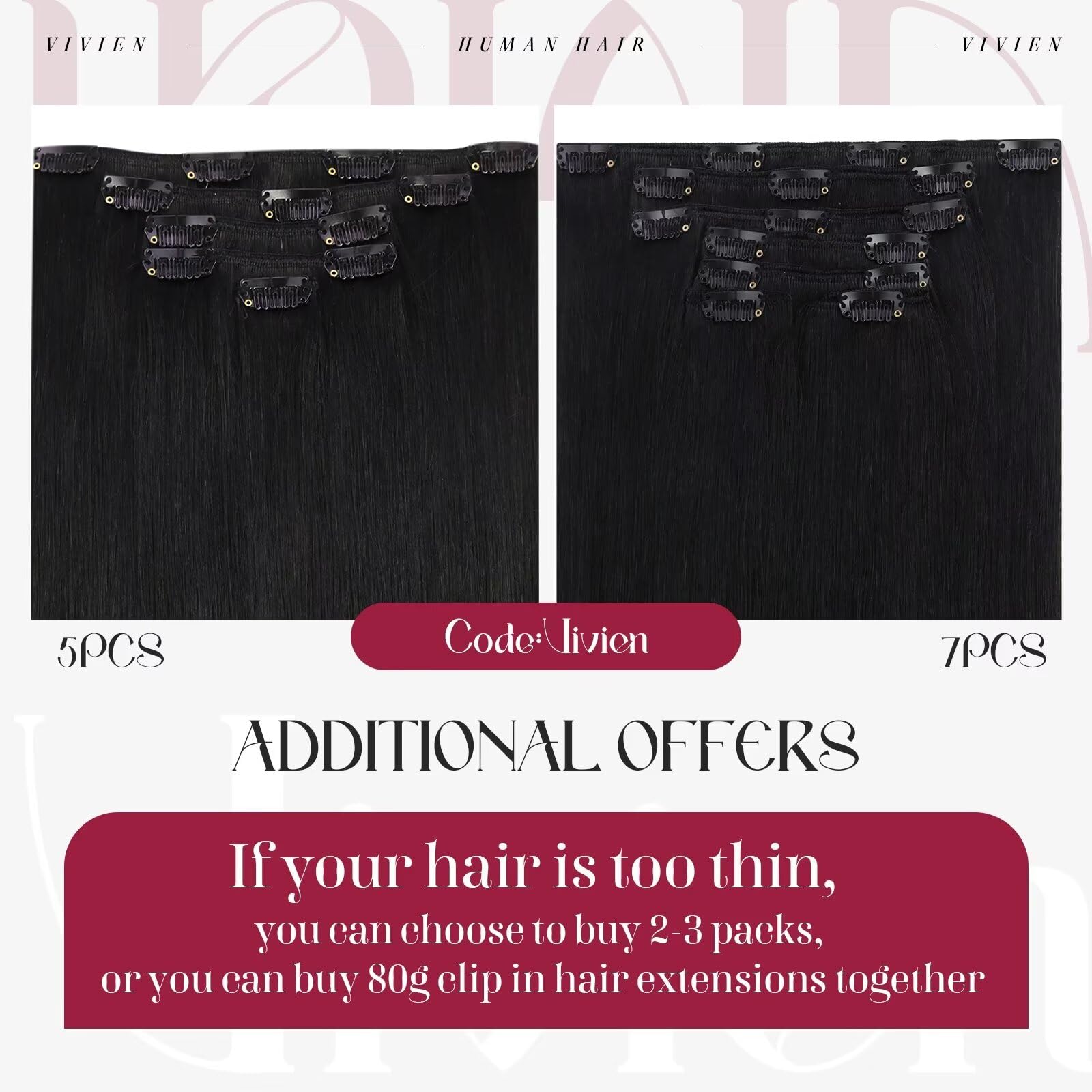 Vivien Clip in Hair Extensions Human Hair Black Hair Extensions for Women Clip in Black Human Hair Clip in Extensions 16 Inch 120g 7pcs #1 — view 4