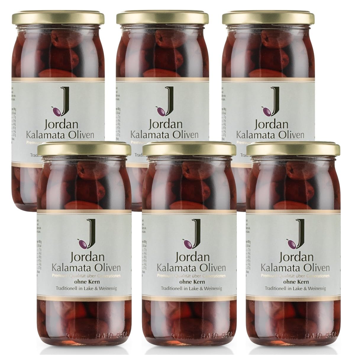 Jordan Olivenöl - Griechische Kalamata Oliven ohne Stein eingelegt in Salzlake - Glas 360 gr - Abtropfgewicht 200 gr - 6er Pack - Tafeloliven ohne Kern aus Griechenland