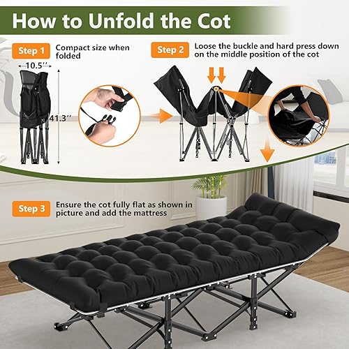 Miniatura 5 de Slendor Catre de campamento, catres plegables para adultos, catre de dormir portátil con bolsa de transporte, 1200D de doble capa Oxford, cama de