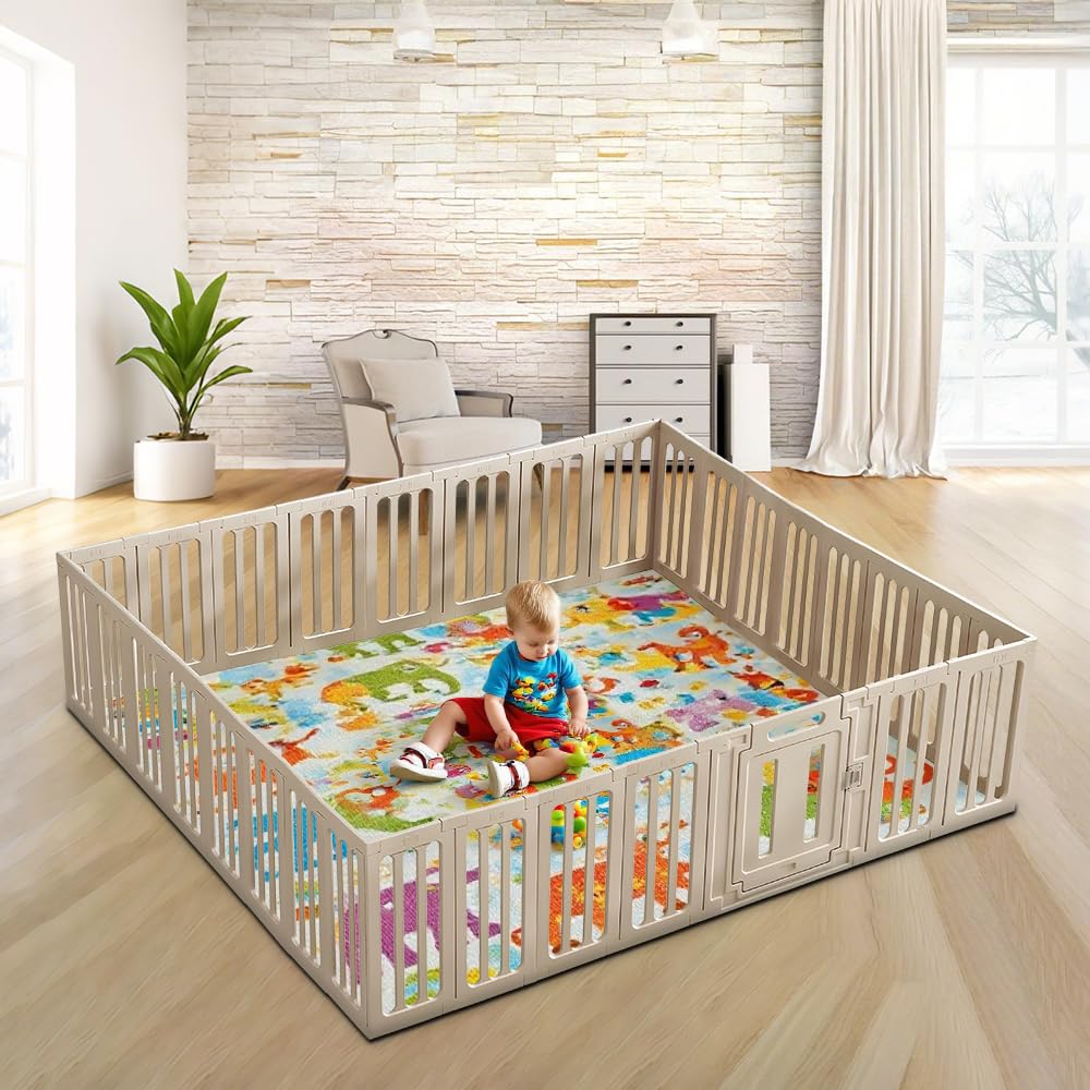 LOVEYBEAUTY Baby Playpen Activity Center, Adjustable Size and Shape Play Yard, Indoor Baby Fence with Gate for Babies and Toddlers (240cm*240cm) 240*240