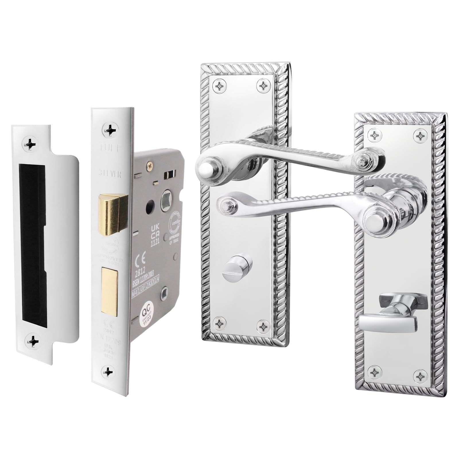 Eai Polished Chrome Georgian Scroll Bathroom Door Handle Set - 1 Pair Of Internal Lever Handles & Lock (64Mm) - Rope Design