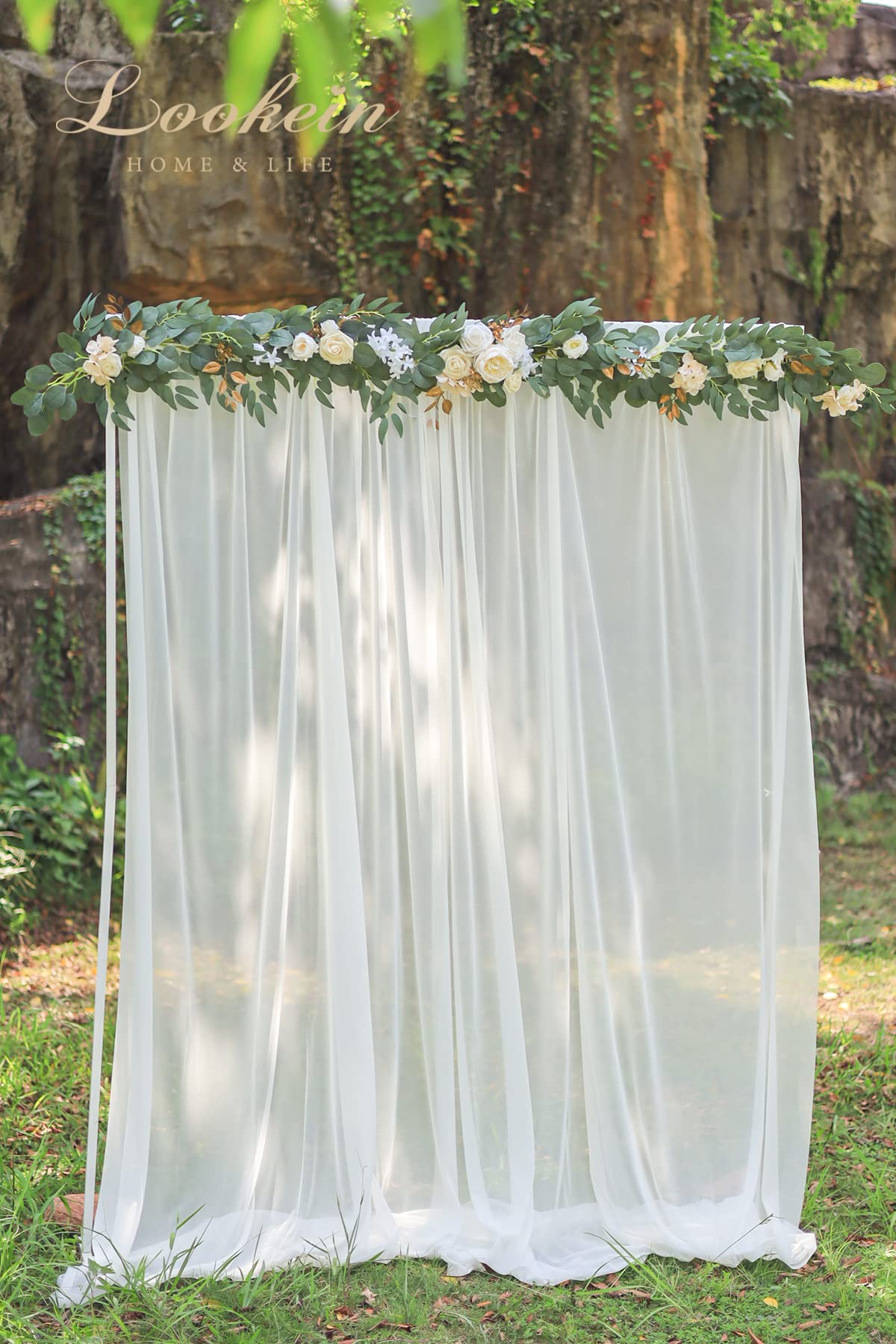 Lookein Blumengirlande, Eukalyptus-Girlande mit Blumen für Hochzeit, Tafelaufsätze für Probe, Abendessen, Brautparty, cremefarben, 1,8 m