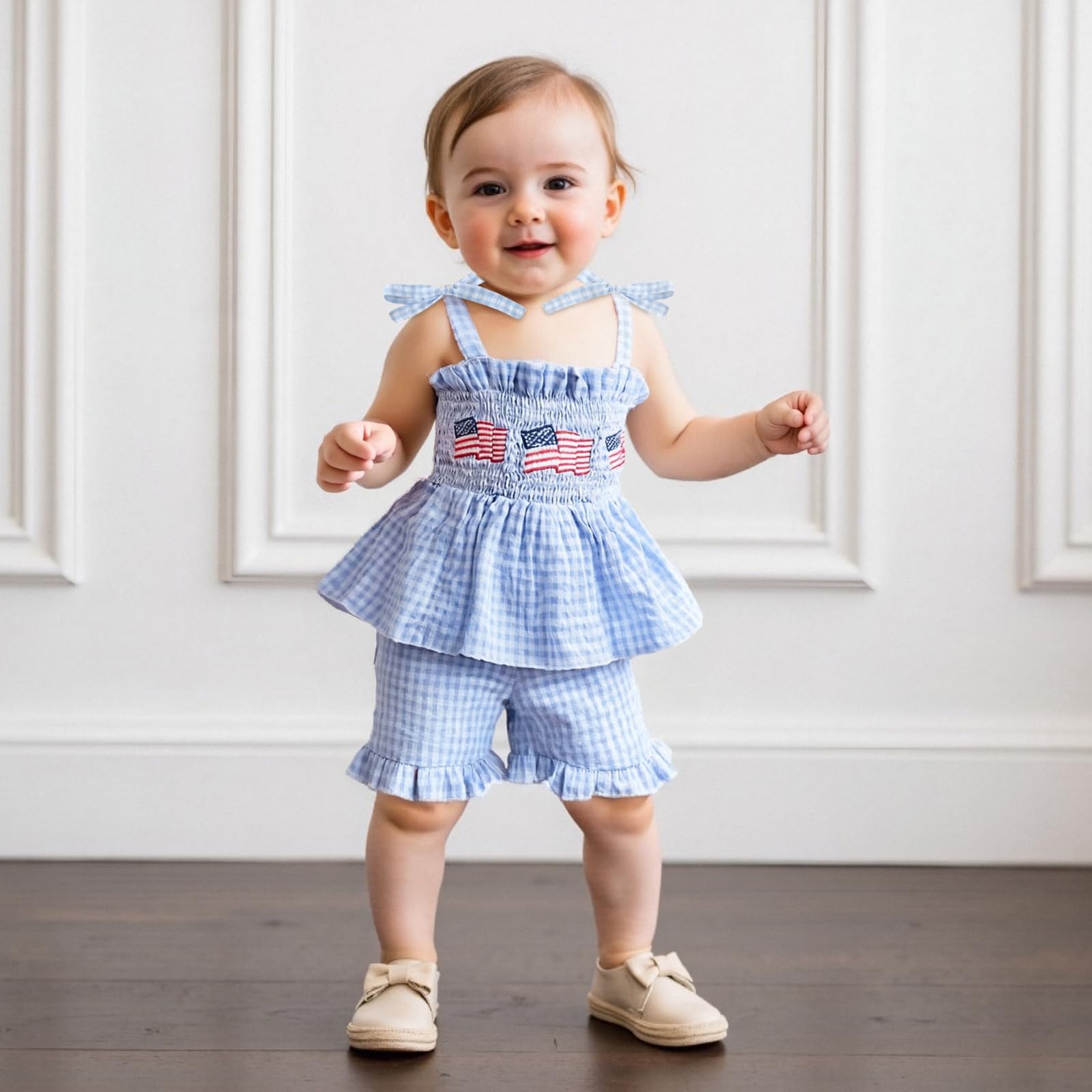 Gaono Toddler Baby Girl 4th Of July Outfit Sleeveless Tie Up Smocked Tank Top Ruffle Shorts Set Patriotic Summer Clothes (E-Blue, 2-3T)