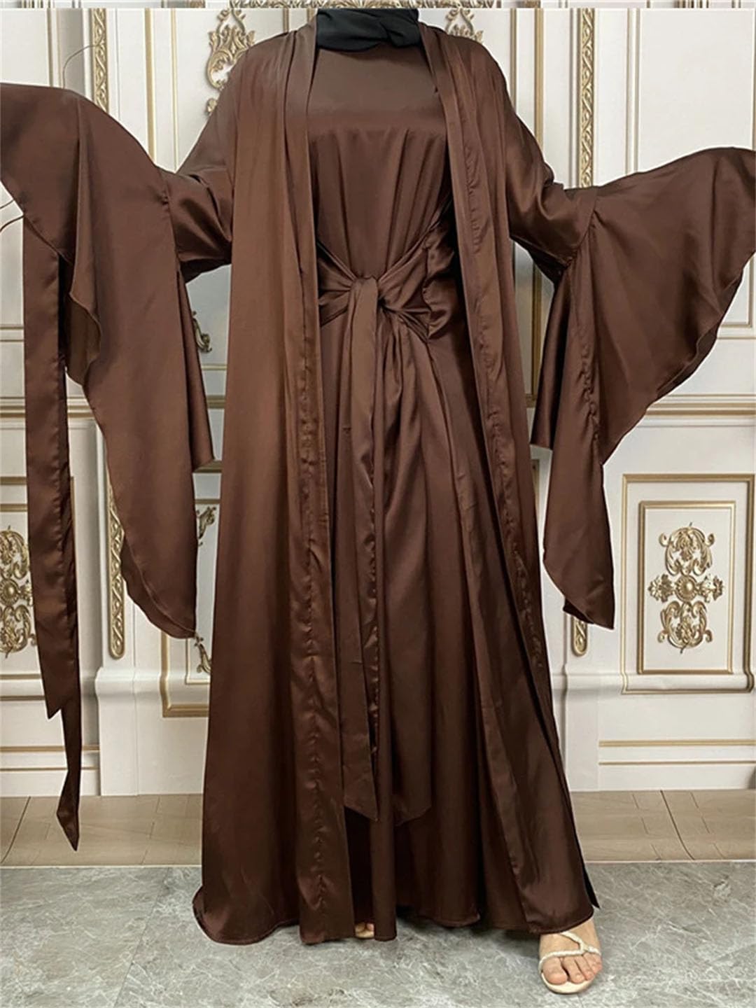 LNNSHX 2-teiliges Abaya-Set, Lange Ärmel vorne, langes Kleid, muslimische Frau, Dubai, islamische Kleidung, Hijabi, bescheidene Outfits, Ramadan