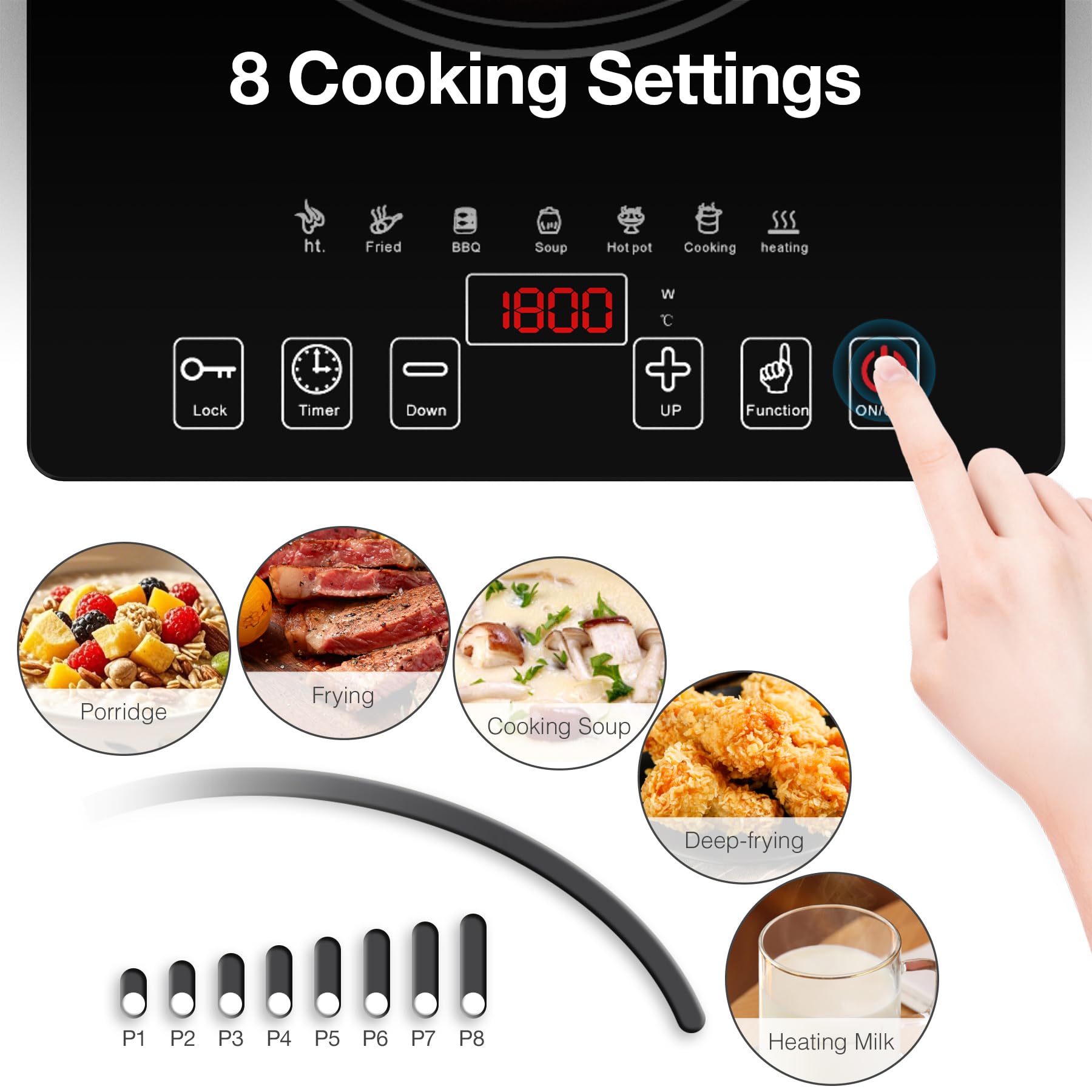 Placa de cocina eléctrica, estufa eléctrica portátil de 1800 W con pantalla táctil LED, 8 niveles de potencia y 8 niveles de temperatura, temporizador, placa caliente de 110 V-120 V para campamento en 7