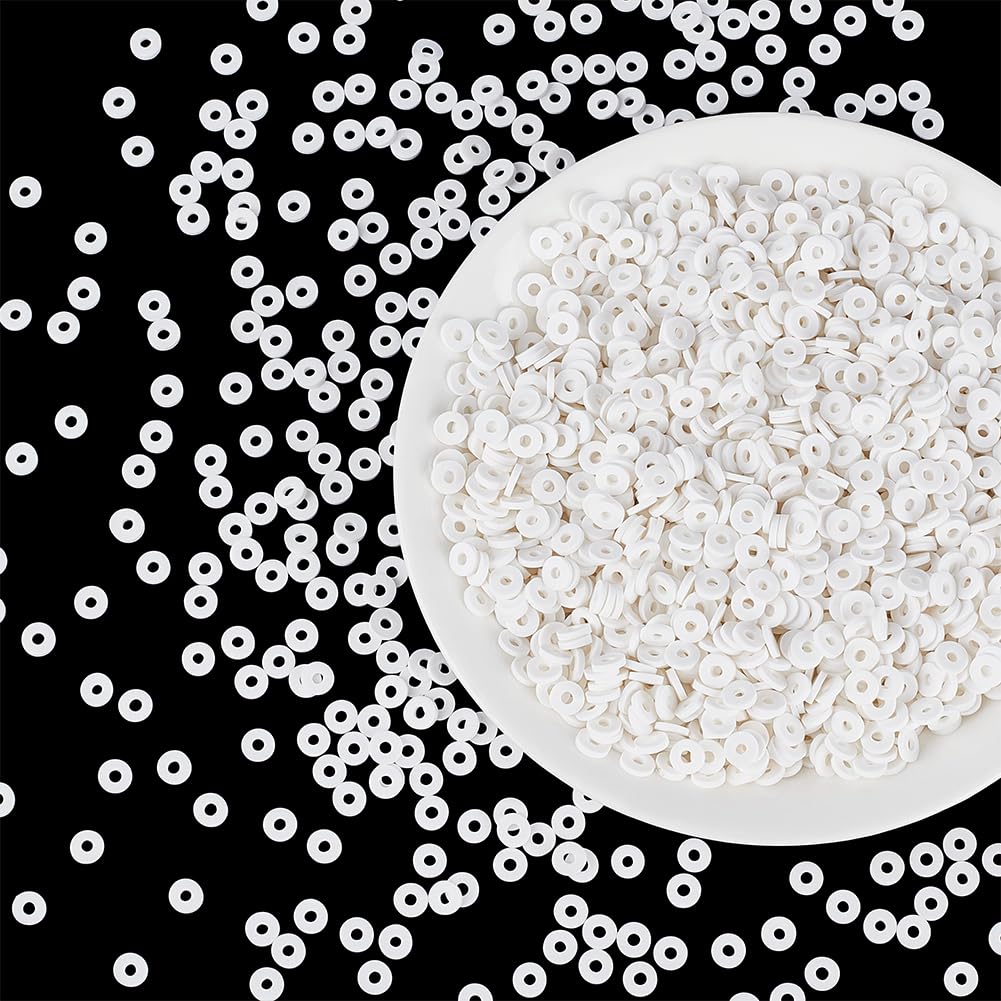 Heishi Clay Beads, 3000 Pcs 6mm Vinyl Disc Beads Flat Round Handmade Polymer Clay Beads for Hawaiian Earring Choker Anklet Bracelet Necklace Jewelry Making Summer Surfer, White