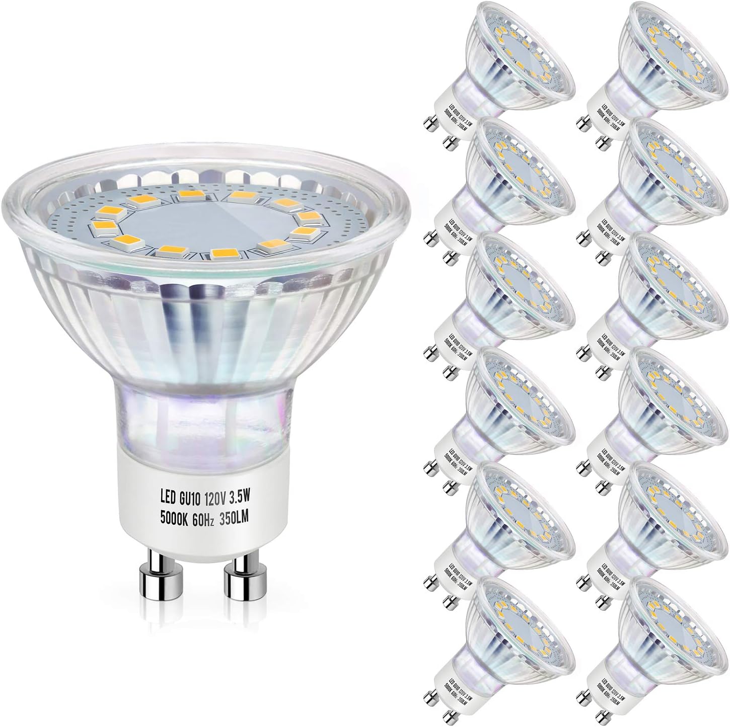 GU10 LED Bulb 50W Halogen Equivalent, Daylight White 5000K Track Light Bulbs, 3.5W 350Lumens, CRI 85+, 120 Degree Flood Beam Angle, Non-Dimmable, Pack of 12