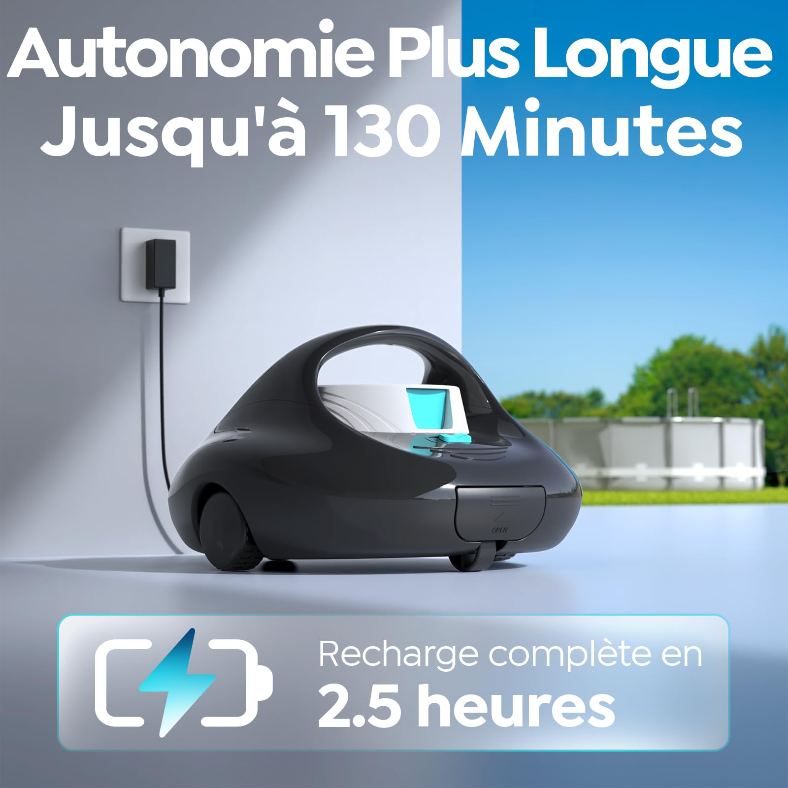 Pleco Se Aspirateur Piscine Hors Sol, 130 Min de Nettoyage Puissant, Charge Rapide en 2,5h, Moteurs à Double Entraînement, Idéal pour Robot Piscine Plat Jusqu'à 85 m²