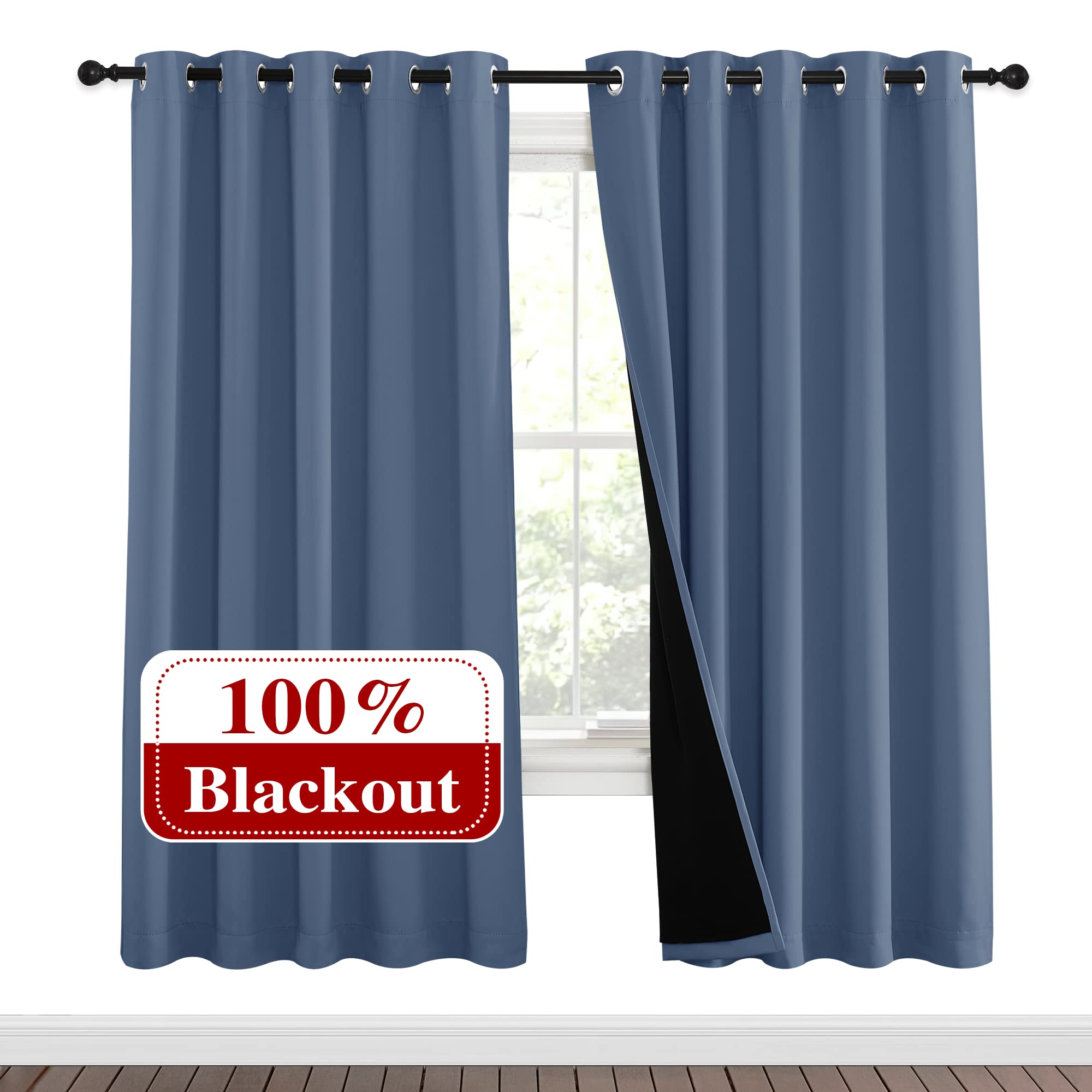 NICETOWN Full Shade Curtain Panels 72 inches Long, Pair of Energy Smart &amp; Noise Blocking Out Blackout Drapes for Guest Room Window, Thermal Insulated Lined Window Dressing (Stone Blue, 62x72)