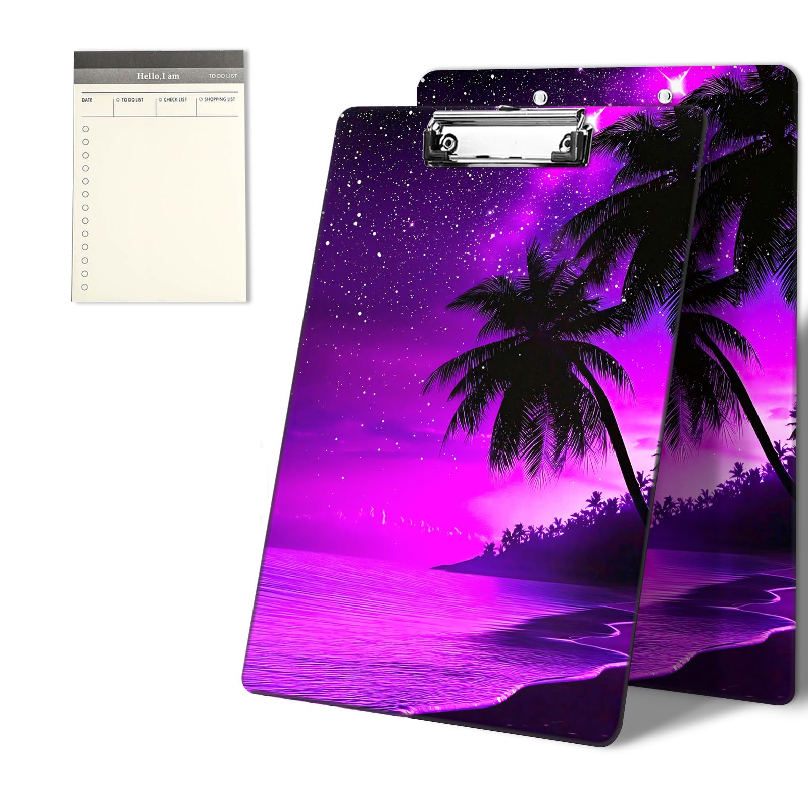 Clipboards with Purple Galaxy Coconut Tree Pattern Design 9 x 12.5 inch Standard A4 Letter Size Clip Board with Low Profile Metal Clip & to-Do Notepad for School,Office,Home and Students