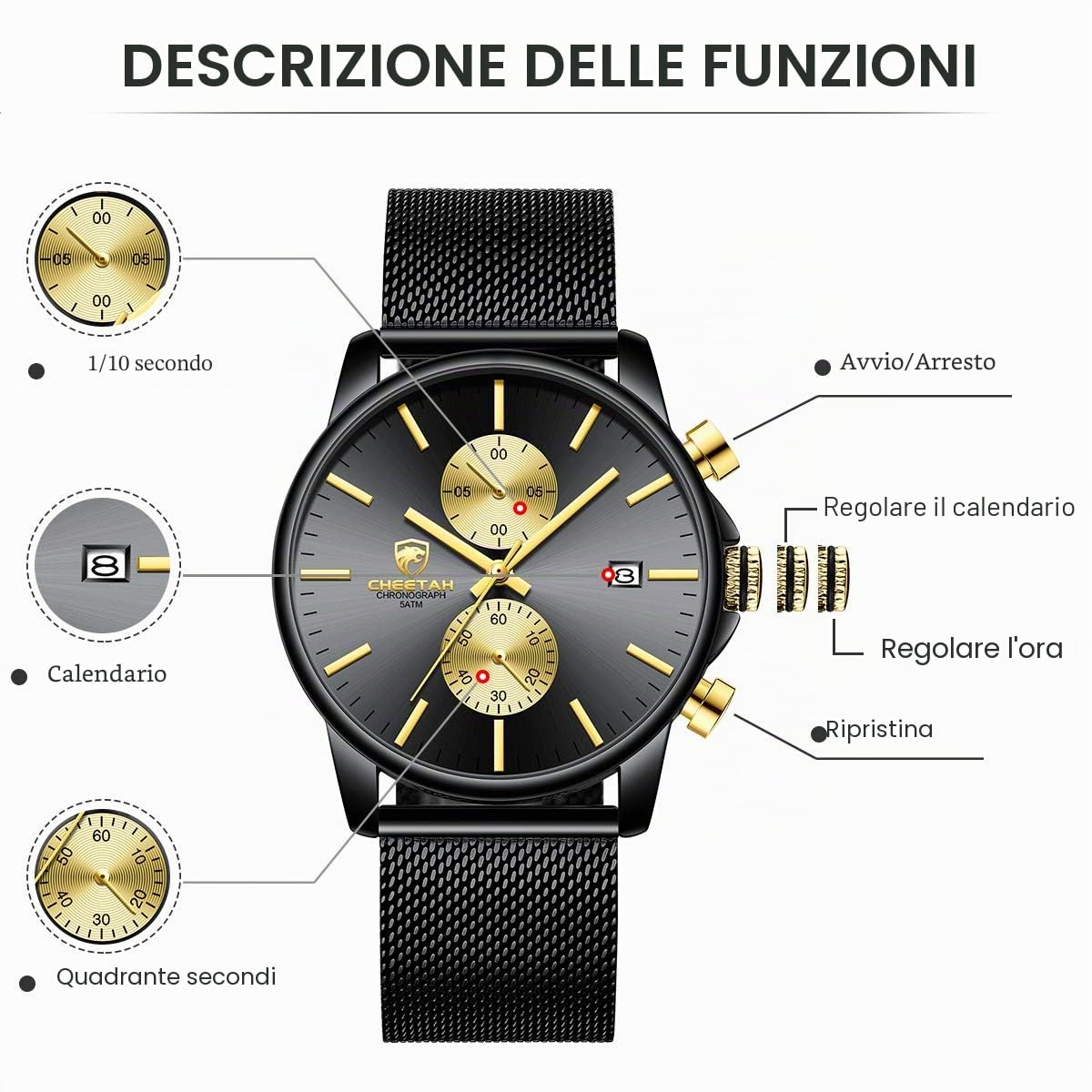 GOLDEN HOUR Orologi da polso da uomo, alla moda, sportivi, analogici, al quarzo, in acciaio inox, impermeabile, cronografo, data automatica