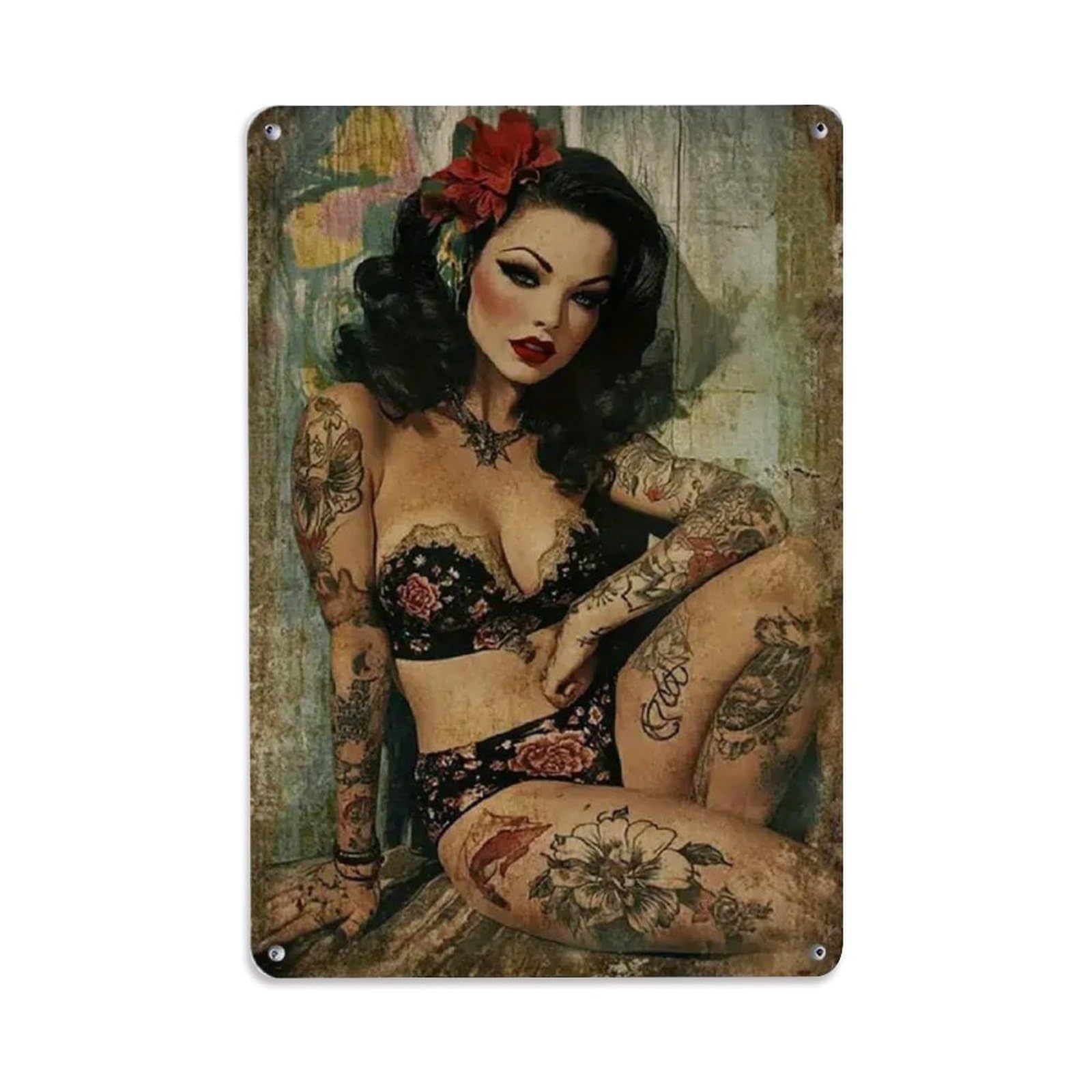 Rkundrne Girls Vintage Tattooed Lady Hot Metal Tin Sign Garden Bedroom Cafe Bar Man Cave Home Wall Decor Metal Poster 8X12 In