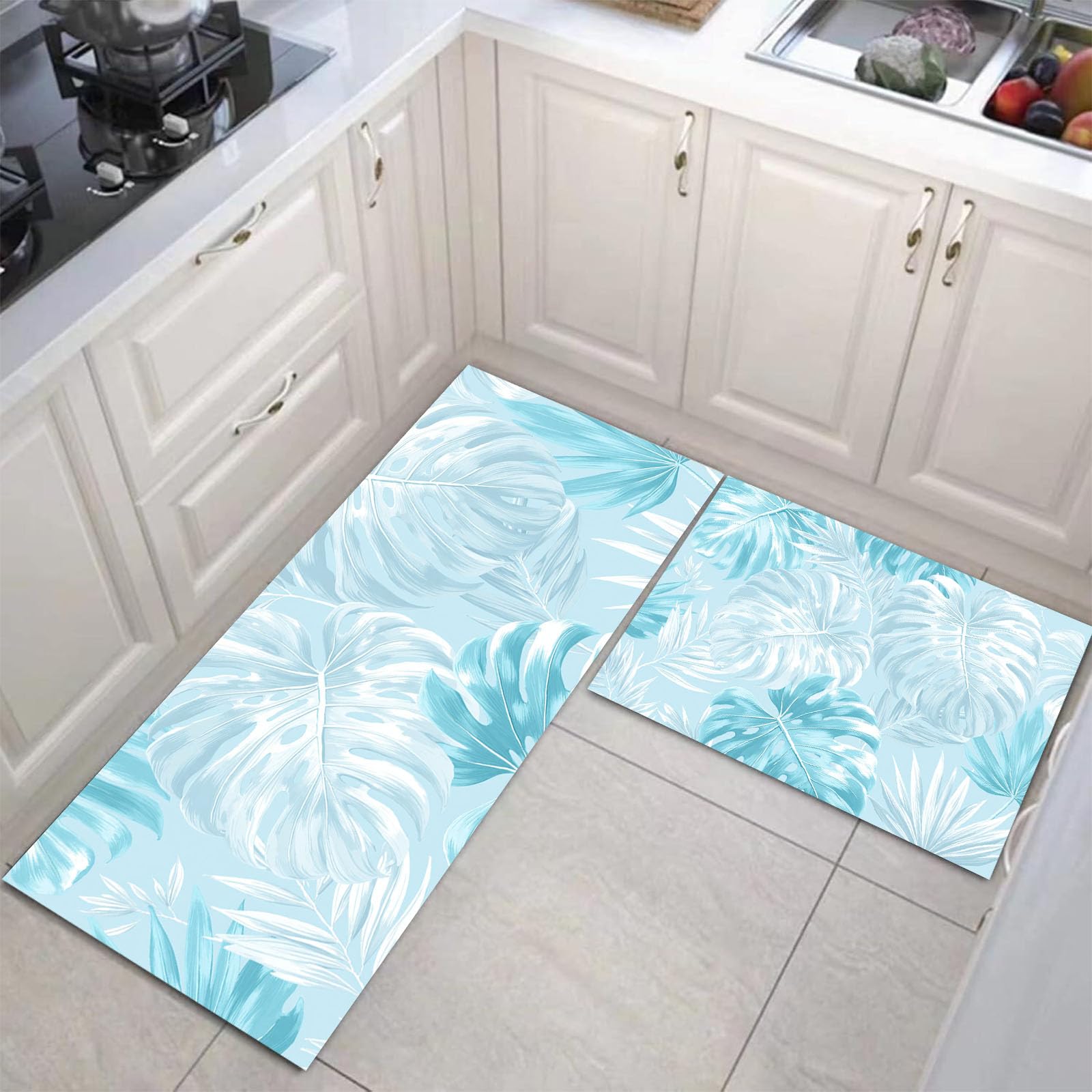Tapis de cuisine anti-fatigue lavable 50x150cm : protection antidérapante monstera bleu