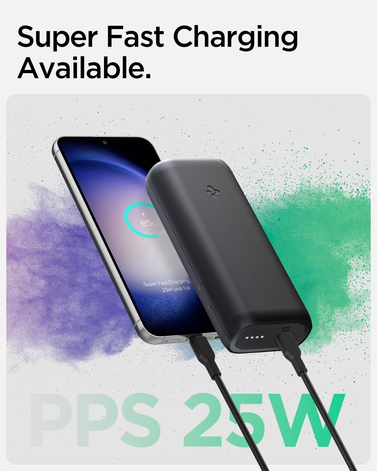 Spigen ArcPack Power Bank connected to a smartphone, displaying 'Super Fast Charging' and 'PPS 25W' on the screen