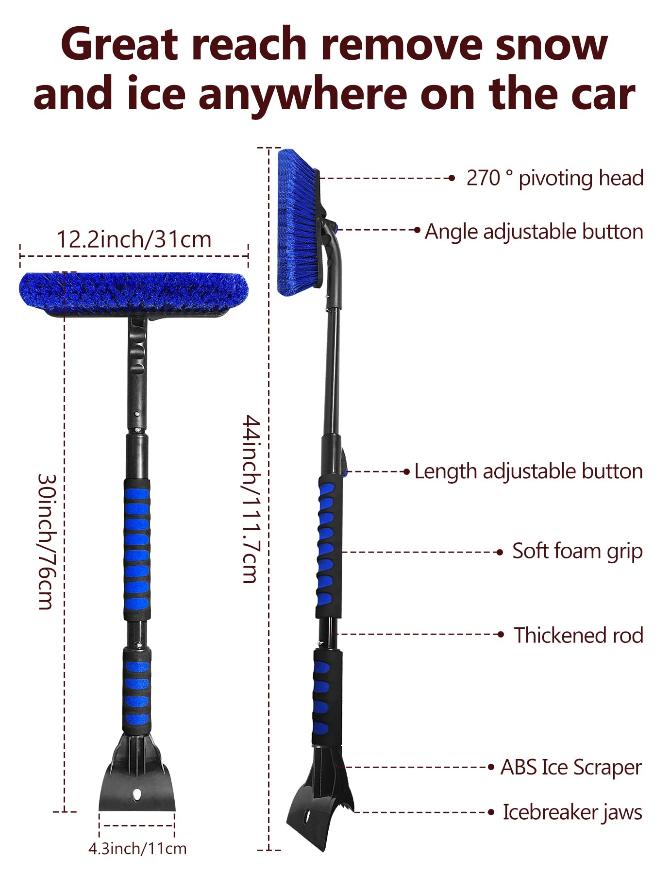 44'' Snow Brush Ice Scraper for Car Windshield, Extendable Snow Removal Tool Car Brush with Comfortable Foam Grip and Sturdy Aluminum Handle for Car, Truck, SUV