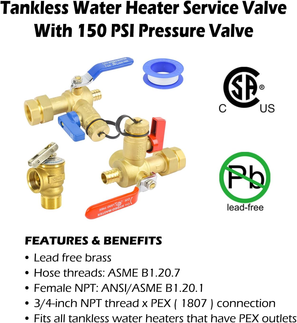 HYDRO MASTER Tankless Water Heater Valve Kit, Lead-Free Brass, NPT Thread x PEX Connection