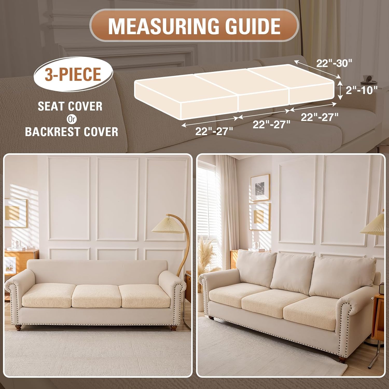 Couch Cushion Covers Sectional Couch Covers Stretch Washable Soft Seat Cushion Covers Furniture Protector Sofa Slipcovers for Pets(Natural,3 Pieces Seat Covers or Back Covers)