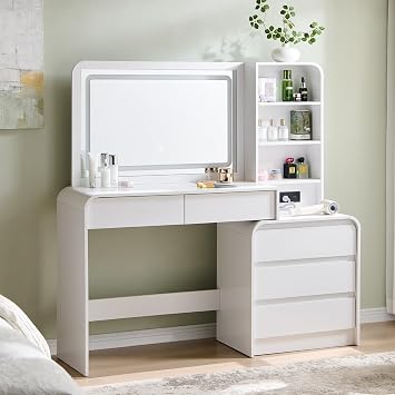 Aitjunz Vanity Desk with Mirror and Lights, 50 Modren Makeup Vanity with 35.43" Mirror and 5 Drawers, Makeup Table with Charging Station for Women and Girls, Bedroom White