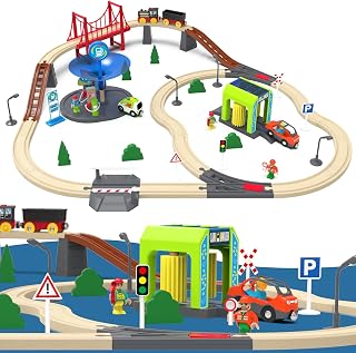 76-Piece Wooden Train and Road Playset with Car Wash, Gas Station & Engine – Beechwood,Motorized Train, Vehicles, Tracks & Accessories – STEM Toy Compatible with Major Brands for Kids Ages 3+