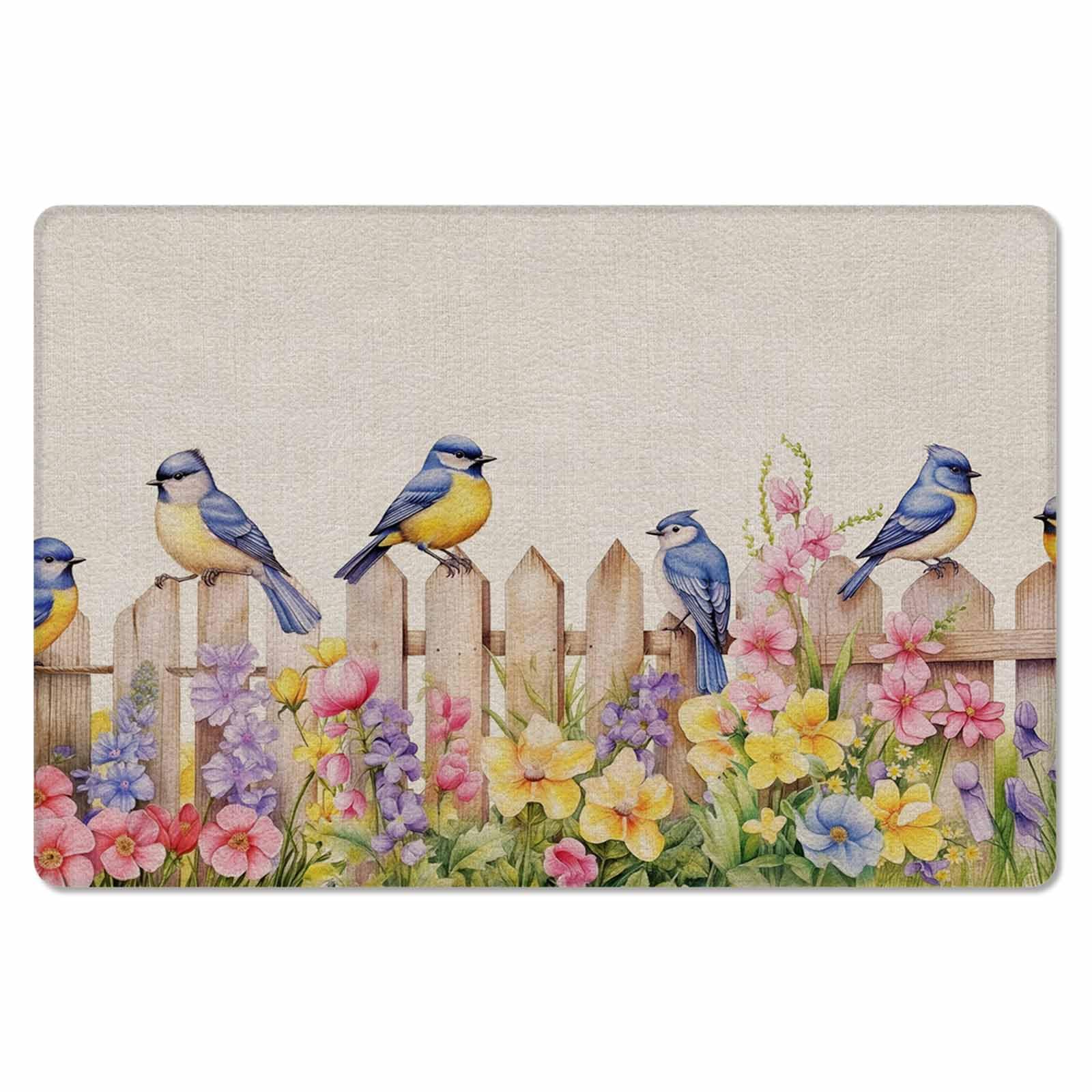 Floral Birds Antifatigue Kitchen Bath Door Mat Cushioned Runner Rug,Washable Welcome Floor Sink Mat,Waterproof Non-Slip Kitchen Standing Doormat,Spring Garden Plant Summer Botanical Farmhouse 18