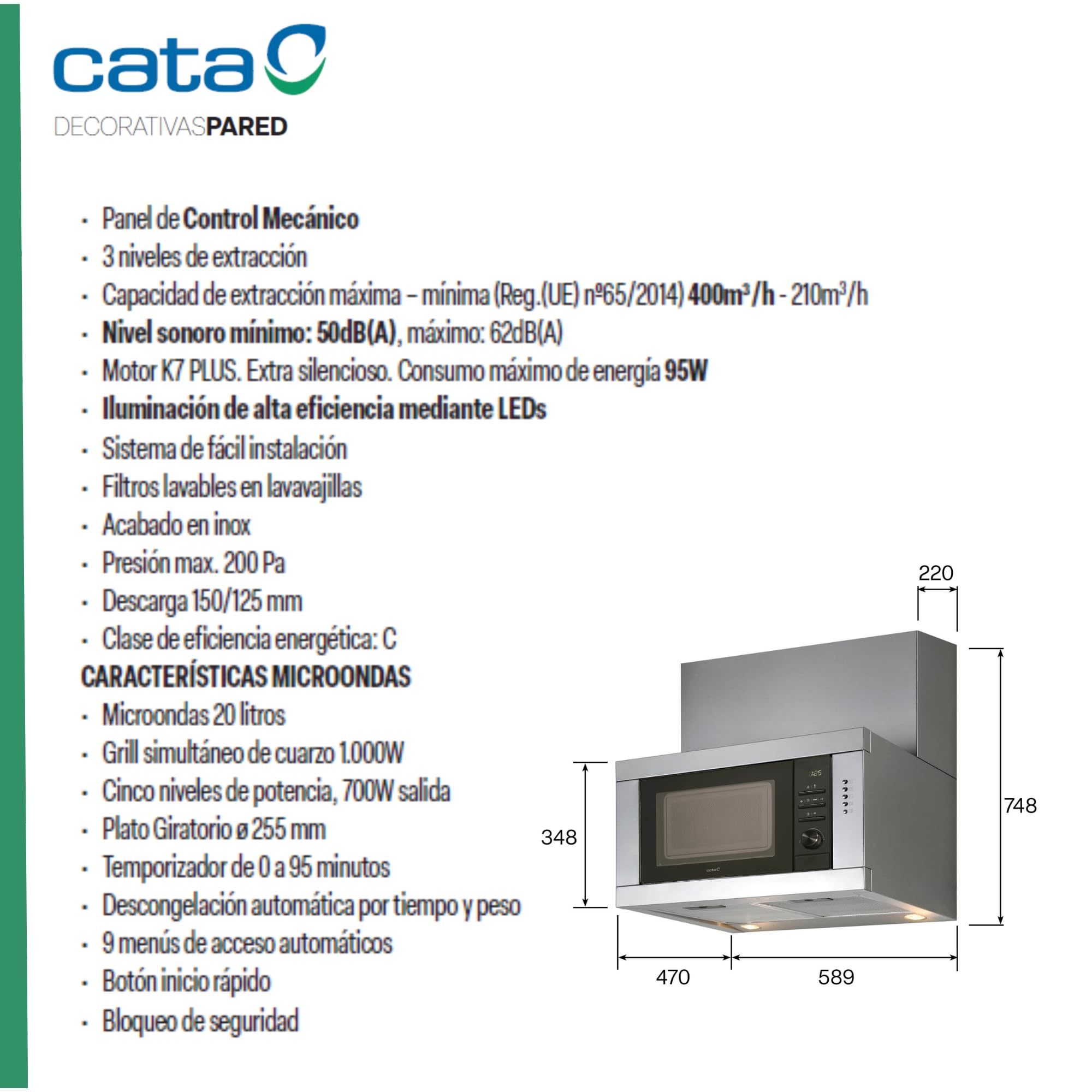 Cata Chorus XBK Dunstabzugshaube mit Mikrowelle, 20 l, mechanisches Bedienfeld, 3 Auszugsstufen, einfache Installation, extra leiser Motor, Leistung 102 W, Breite 59,8 cm, Farbe Edelstahl