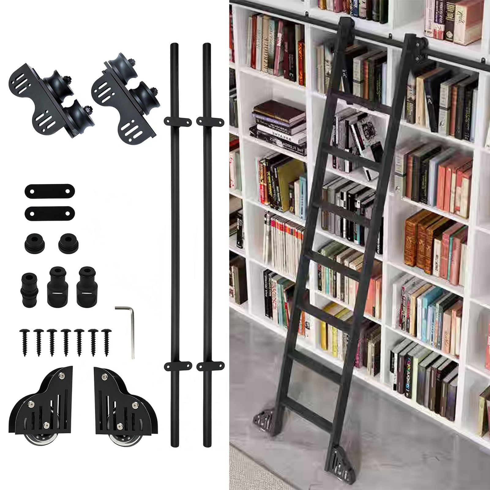 Kit échelle bibliothèque roulante avec rail coulissant noir de 100 cm à 720 cm