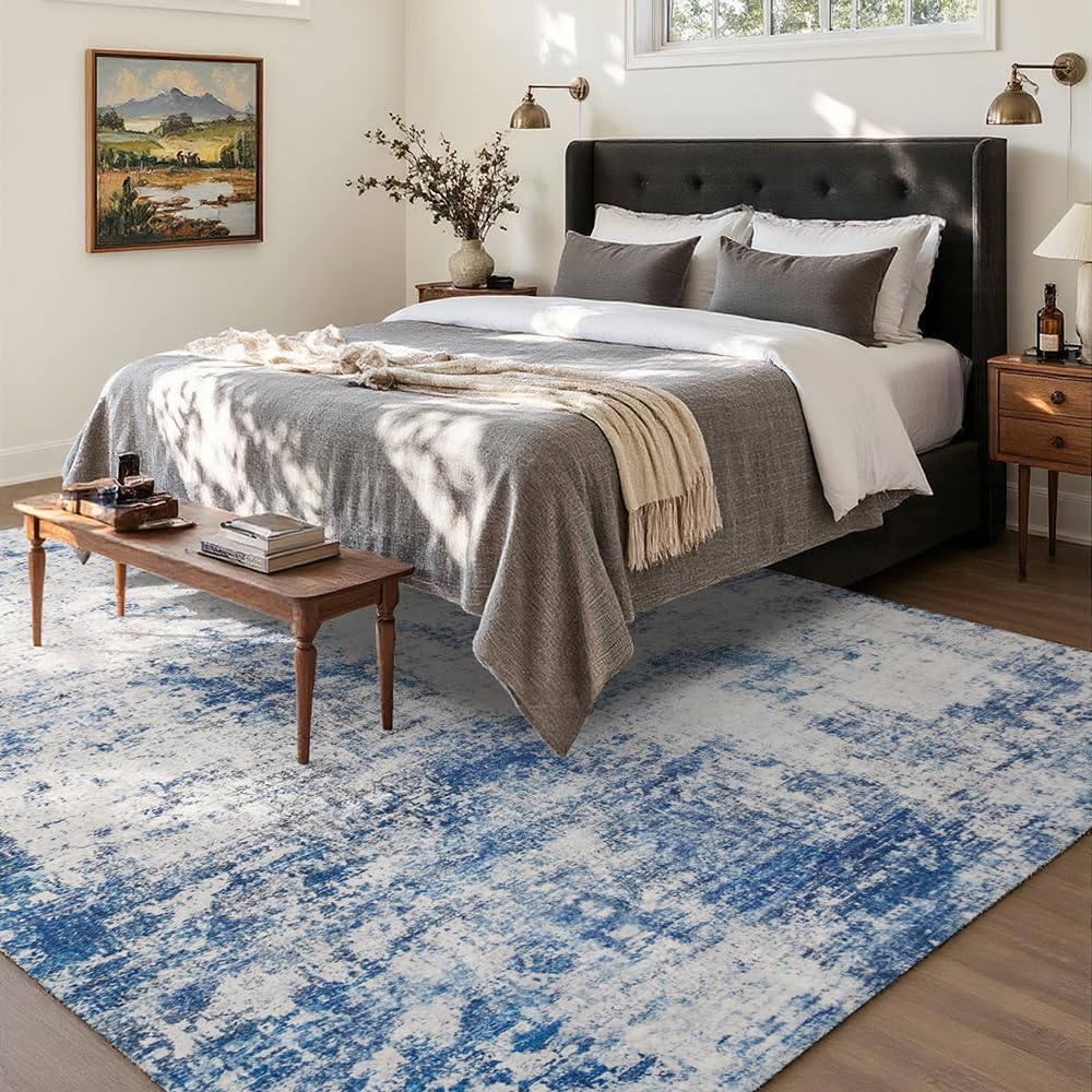 4x6 Blue/Gray Washable Area Rug for Living Room, Dining Room, Bedroom, Large Carpets, Non Slip & Non-Shedding Low Pile Vintage Print Rug for Home Office Decor