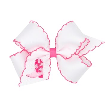 Wee Ones Girls Western Cowgirl Embroidery Grosgrain Hair Bow with Moonstitch Edge, Hot Pink Boots, Medium
