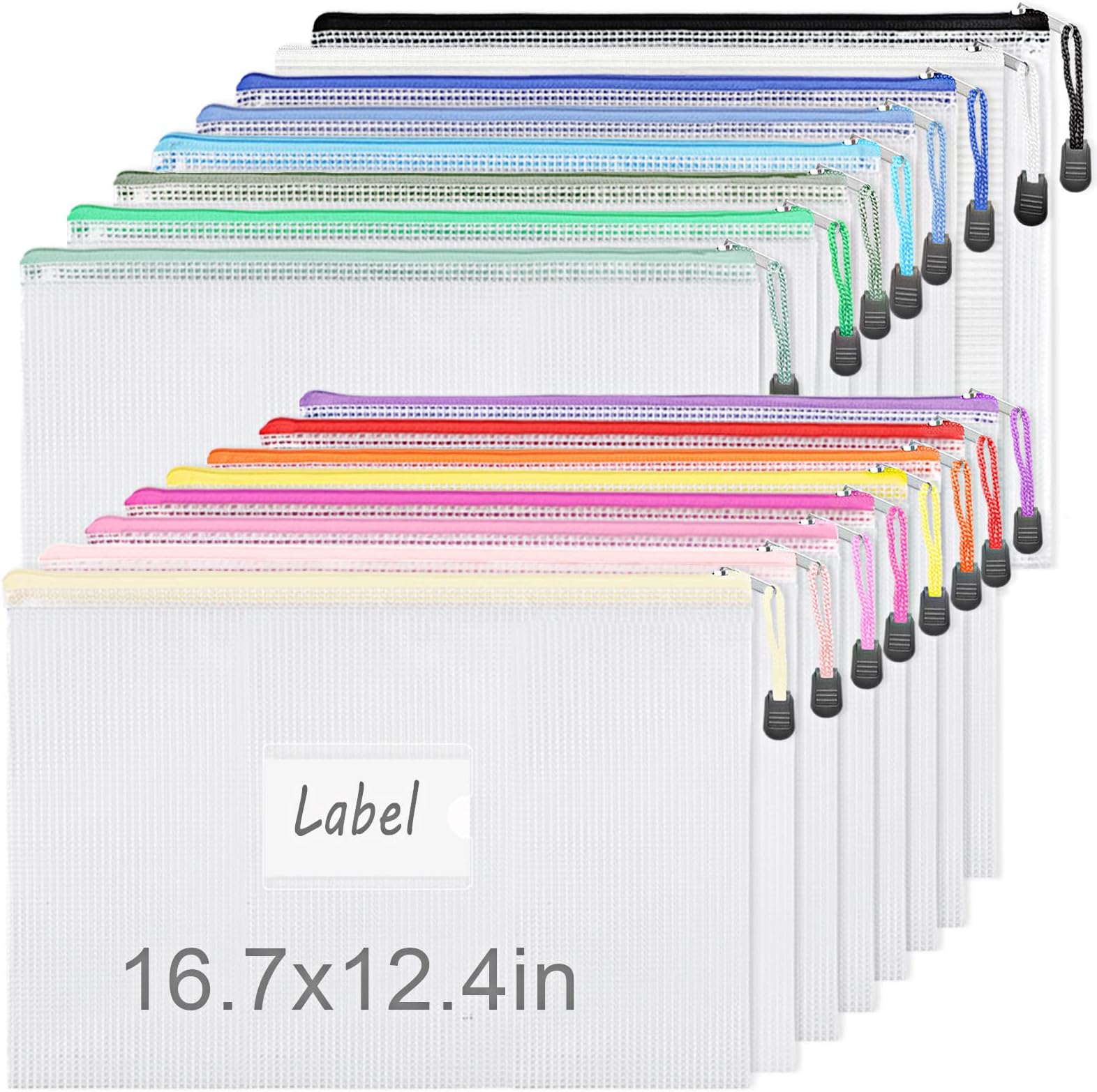 EOOUT 16pcs 16.7x12.4inch Mesh Zipper Pouch A3 Zipper Bags Document Bag with Labels, Plastic Zip File Folders in 16 Colors, Letter Size, Zipper Bags for Organizing School Board Games Office Supplies