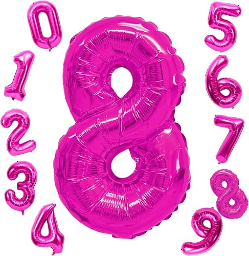 RUBFAC Globo rosa intenso del número 8 de 40 pulgadas, globos rosas de gran tamaño, decoraciones de cumpleaños 8 para niña, globos de números de