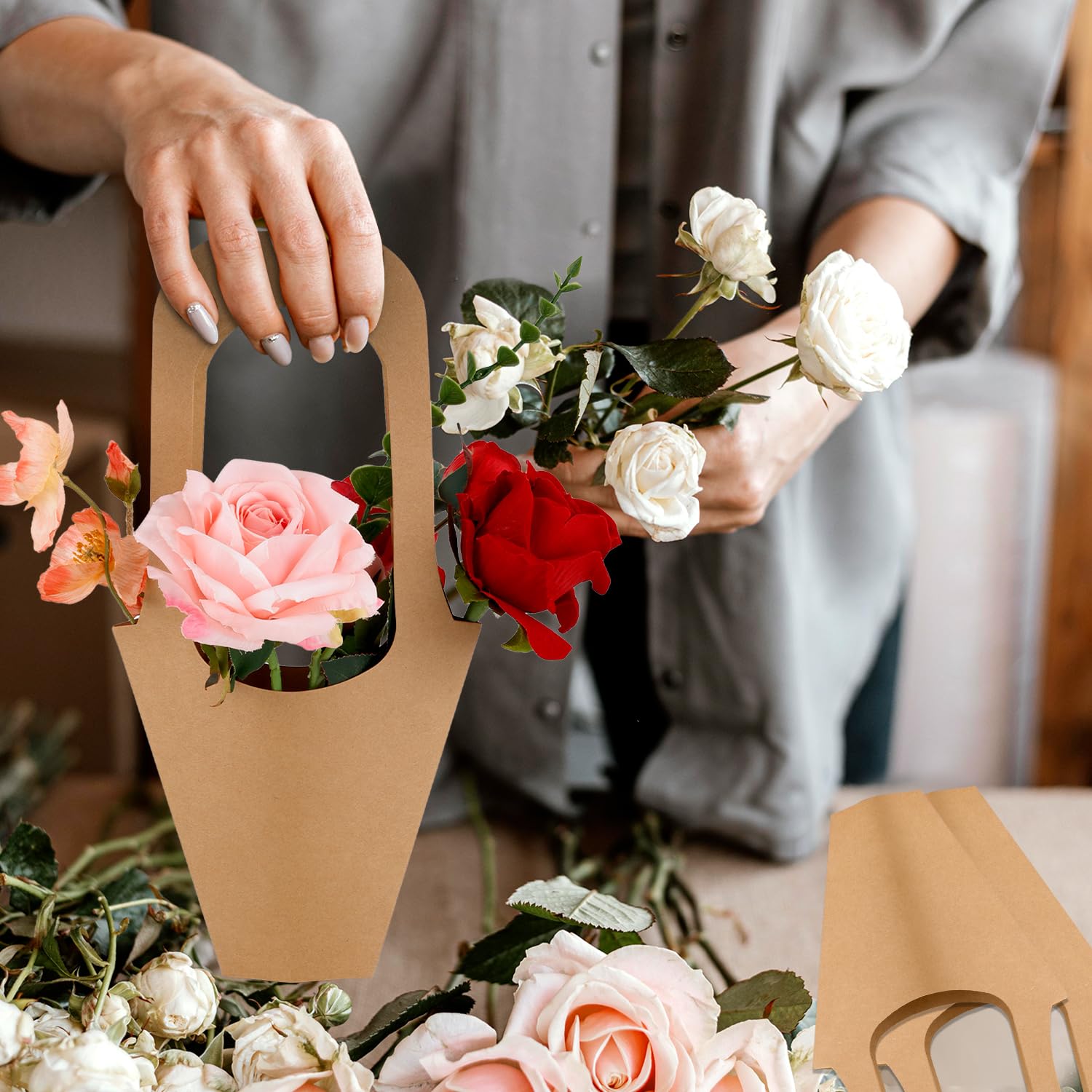 SEWACC Sacchetti per bouquet di fiori in carta kraft sacchetti regalo per fiori 50 pezzi trasparente per bouquet, confezione floreale, borsa per pannolini, negozio di fiori, accessori per