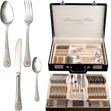 Royal Family Collection 72 Piece Fine Flatware Silverware Set with Gift Carrying Case, Elegant Design, Serves Parties 12 people, Perfect Housewarming Graduation Gift for Loved Ones, Decorative Gold