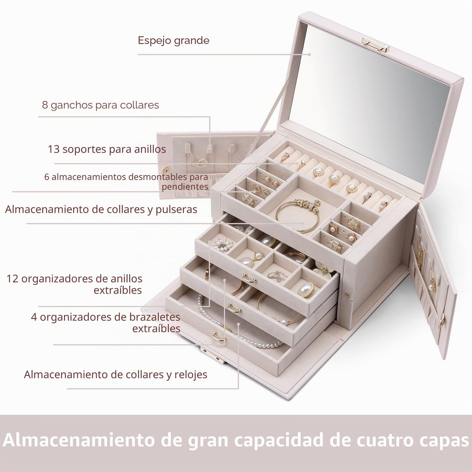 Vlando Joyero grande para mujer, caja de joyería de piel sintética de alta gama, con 3 cajones, almacenamiento de joyas con cerradura, aretes, broches, organizador de relojes (blanco pricot)..
