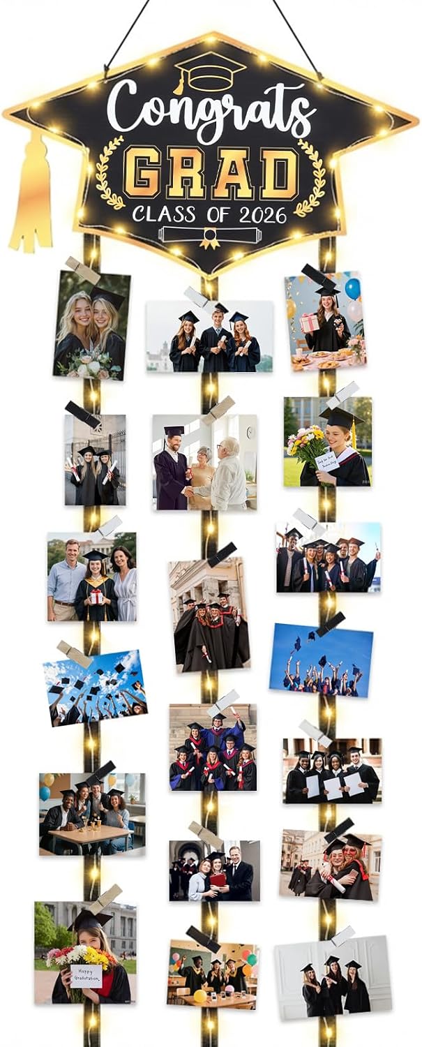 Class of 2026 Graduation Photo Banner for Grad Party Memory Wall Decorations DIY Photo Frames Collage Hanging Picture Display Board with 30 Clips for High School Graduation Party Decor