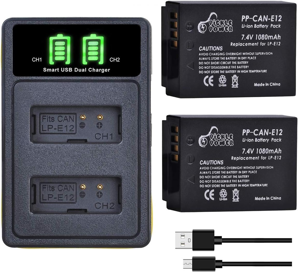 Pickle Power2pcs LP-E12 Battery with LED Dual Charger with Type C Port for Canon SX70 HS, EOS M, EOS M10, EOS M50, EOS M50 MII, EOS M100, EOS M200, EOS Rebel Camera