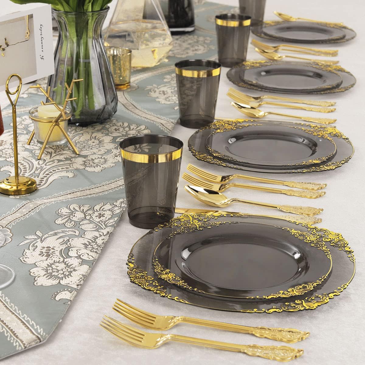 Nervure 175pcs Clear Black Plastic Plates - Gold Plastic Dinnerware Set for 25 Guests include 50 Disposable Plates,75 Gold Silverware,25 Cups,25 Napkins Perfect for Party&Independence Day